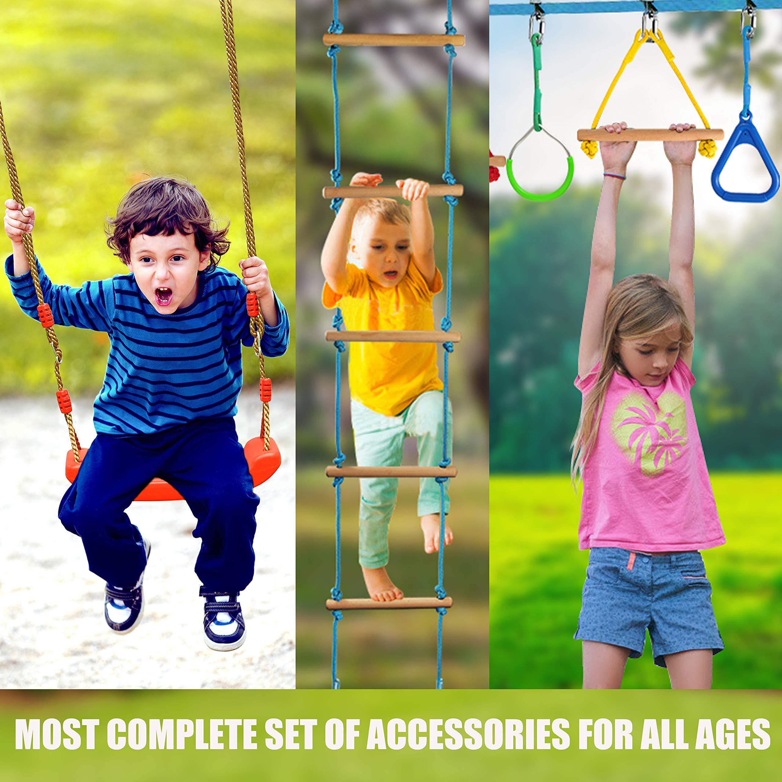 hooroor hooroor Ninja Warrior Obstacle Course for Kids and Adults - 66FT Slackline with Tree Climbing Rock Holds, Swing Seat, Monkey Bars, Ring Wheel, Rope Ladder - Outdoor Training Playset