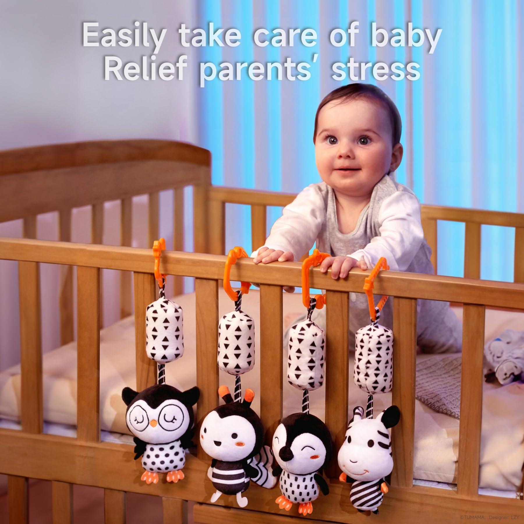 TUMAMA TUMAMA Black and White Baby Toys for 3 6 9 12 Months,Plush Hanging Rattles,Newborn Stroller Toys for Boys and Girls,4 Pack