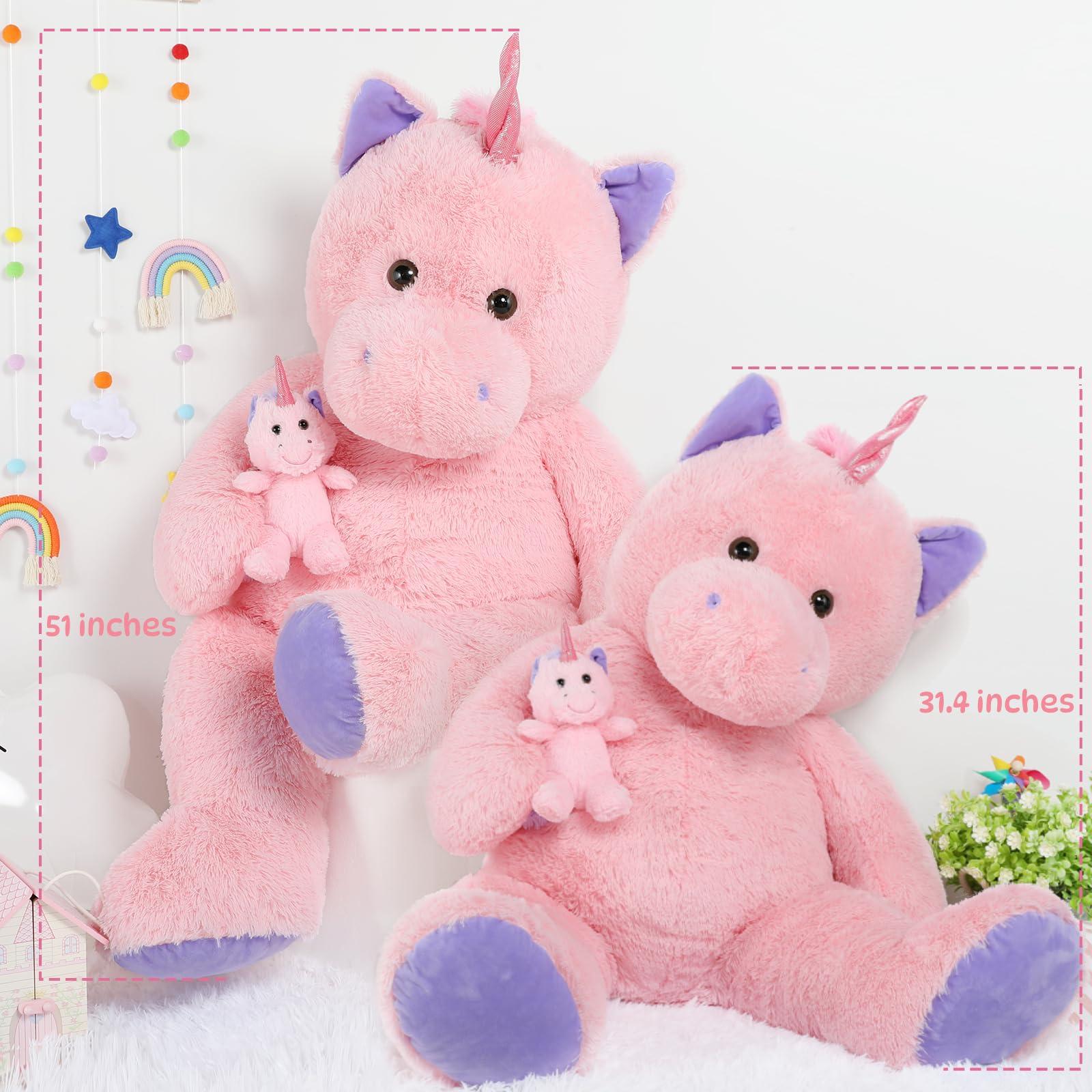 MorisMos MorisMos Giant Stuffed Unicorn 4 Foot, 51\'\' Giant Unicorn Stuffed Animal, 2-in-1 Big Stuffed Unicorn & Baby Unicorn Doll, Pink Unicorn Stuffed Animal for Girl Kid on Birthday Christmas Valentine\'s Day