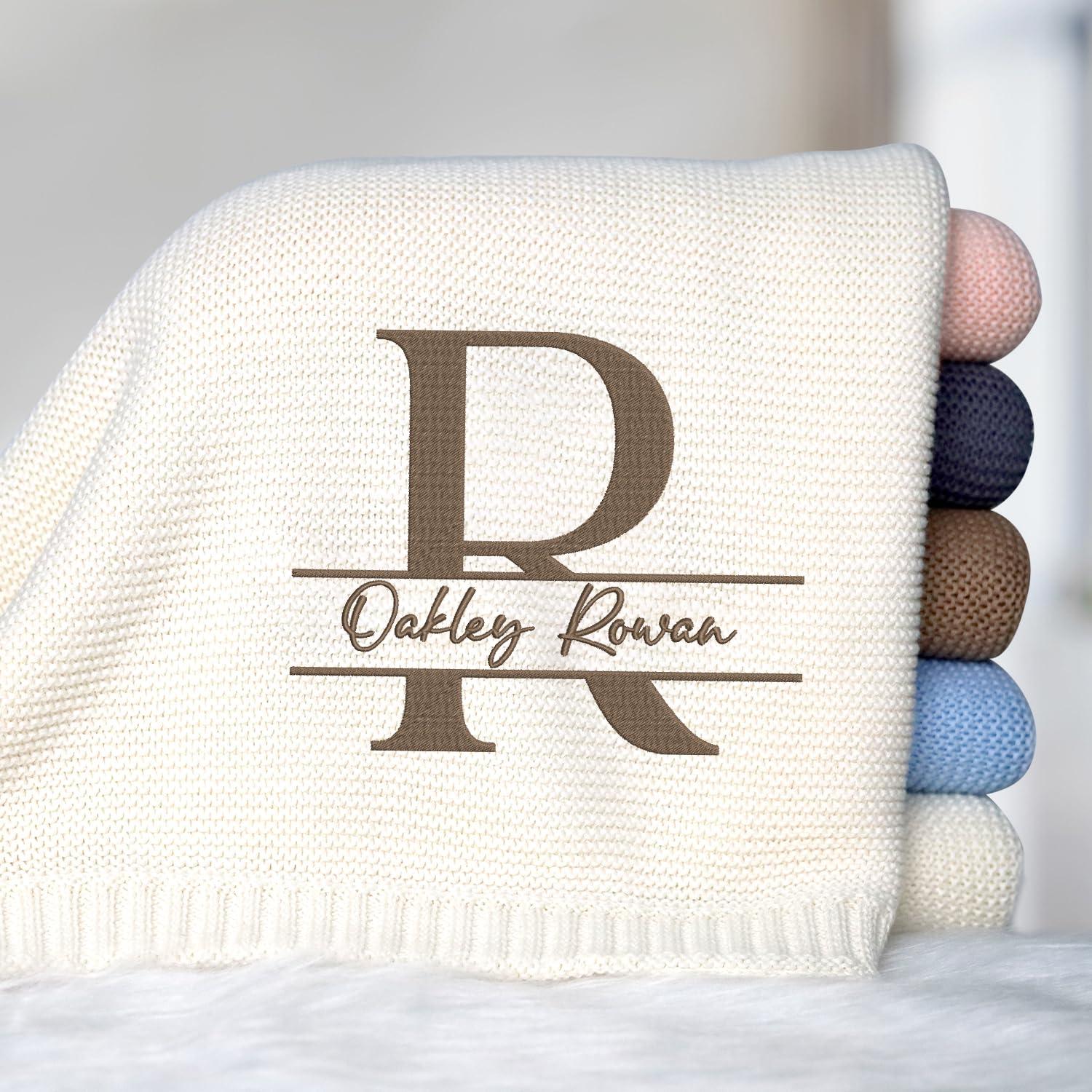 locobird locobird Initials Name Embroidered Baby Blanket, Personalized Baby Blanket for Boys Girls, Custom Baby Name Blankets, Embroidery Blanket, Cotton Knit Blanket for Son Daughter