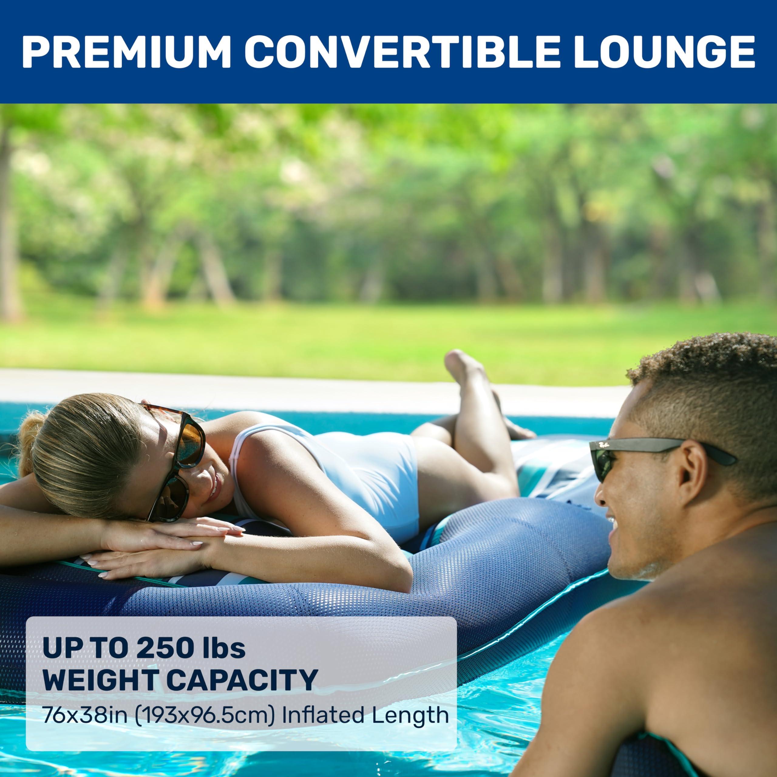 Aqua LEISURE Aqua Premium Convertible Pool Float Lounge Extra Large Heavy Duty, Inflatable Pool Floats for Adults with Cupholder Navy/Green/White Stripe