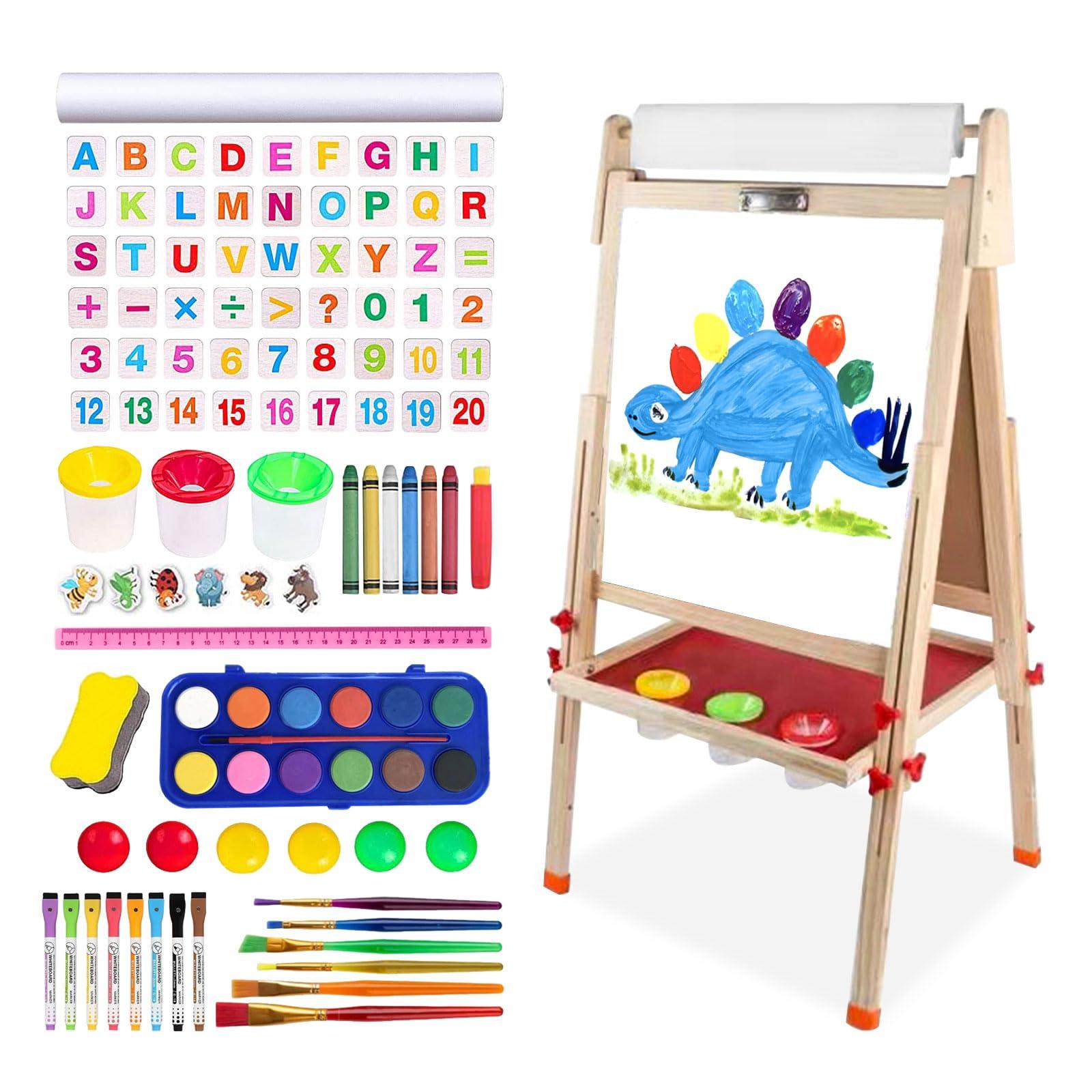 Hereinway Easel for Kids Including 100+ Accessories - White Board for Kids and Black Board Double Sided Adjustable Wooden Kids Easel with 1 Drawing Paper Roll Wooden Magnetic Drawing Board for Kids