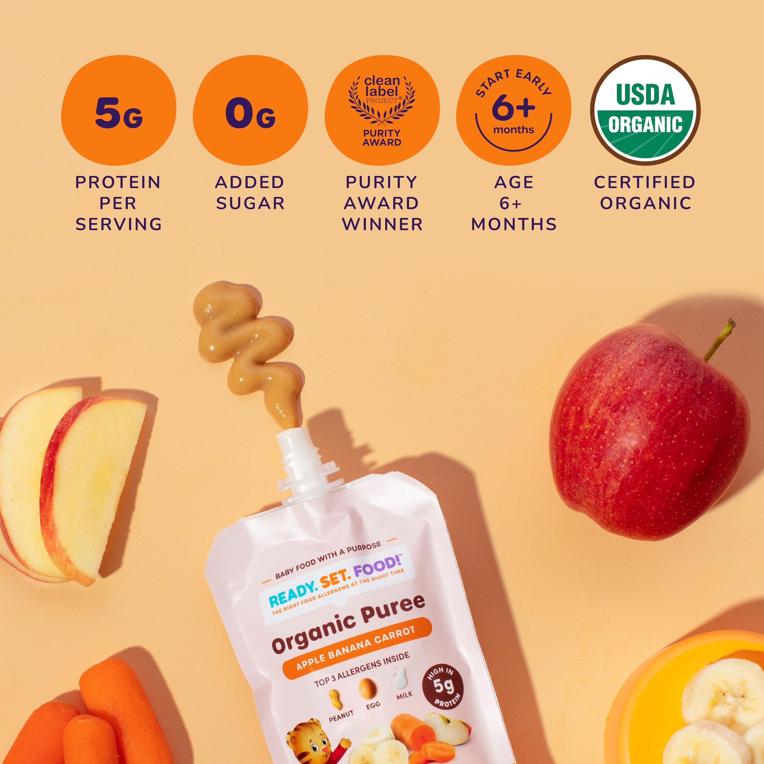 Ready, Set, Food! Ready Set Food Organic Puree Pouch Organic Baby Food Squeeze Pouch with Top 3 Allergens for Baby Allergen Introduction, Includes Organic Peanuts, Egg, and Milk (Apple Banana Carrot, 6 count)