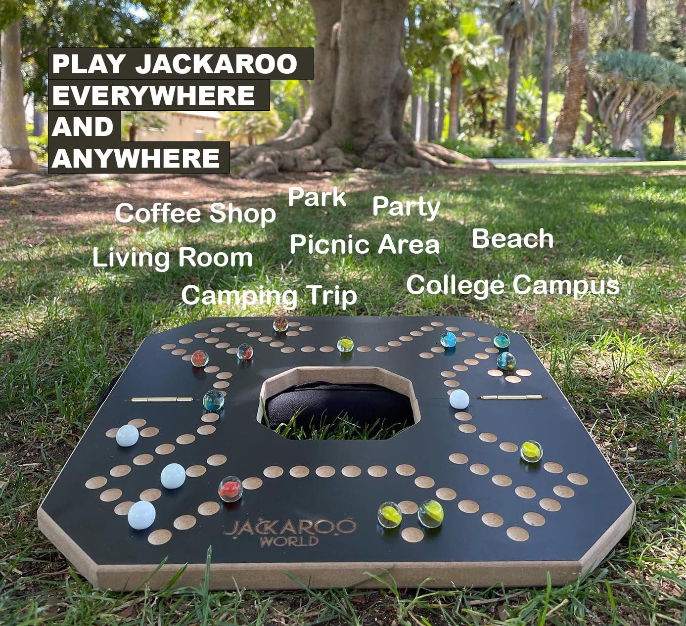 Jackaroo World Jackaroo Board Game - 2-4 Player Cards and Marbles Board Game - Marble Chase Game - Joker Game Board with Marbles - Marbles and Jokers Board Game Wooden Board Foldable and Open in The Middle (Black)