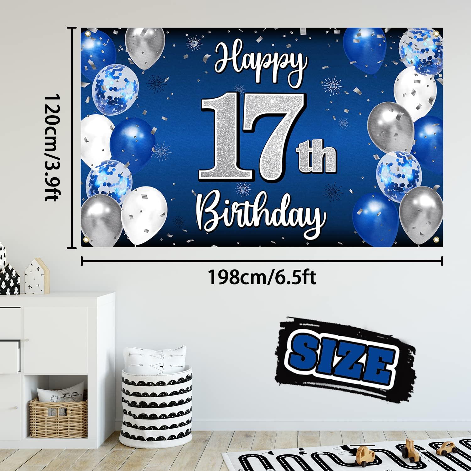 Nelbiirth Nelbiirth Happy 17th Birthday Decorations,17th Blue & Silver Balloon Large Birthday Banner Backdrop Sign,Cheers to Seventeen Years Old Bday Party Supplies.