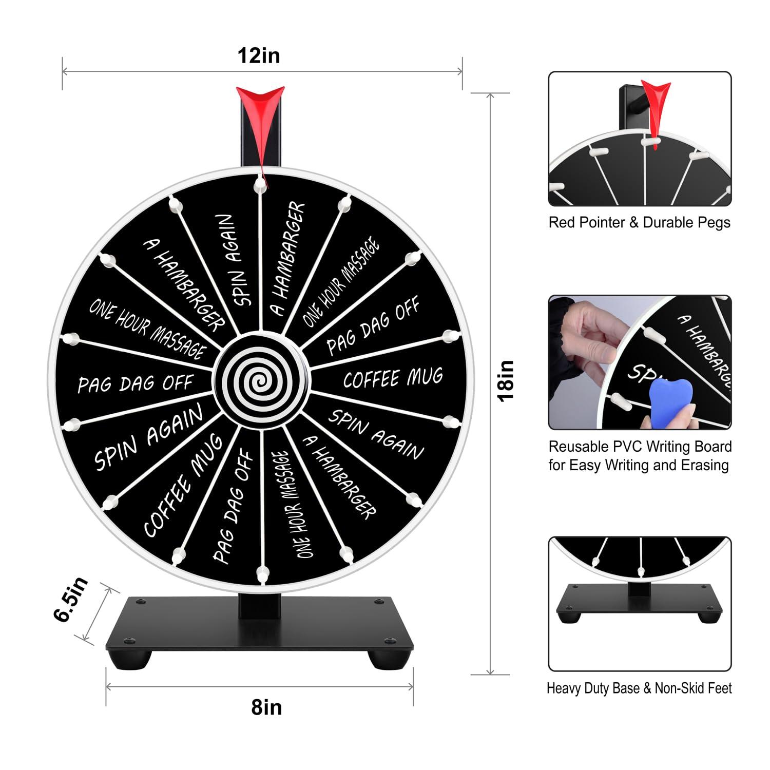 Pionites Pionites 12 Inch 14 Slots Prize Wheel Tabletop or Wall Mount Fortune Spin with Dry Erase Marker and Eraser for Engaging Home Parties, Trade Show, Carnival Events (12\'\' Black)
