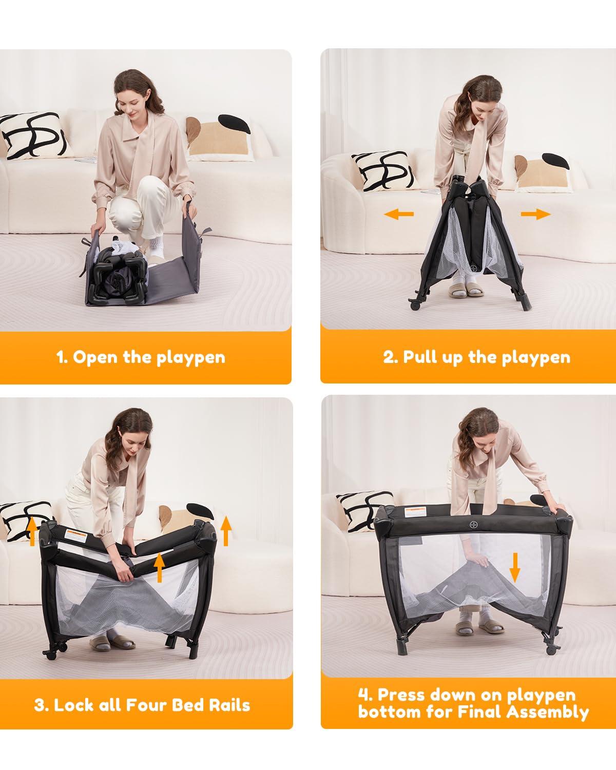 LILLEPRINS LILLEPRINS 4 in 1 Pack and Play with Bassinet, Diaper Changing Table for Newborn Infant, Portable Baby Playpen for Babies and Toddlers