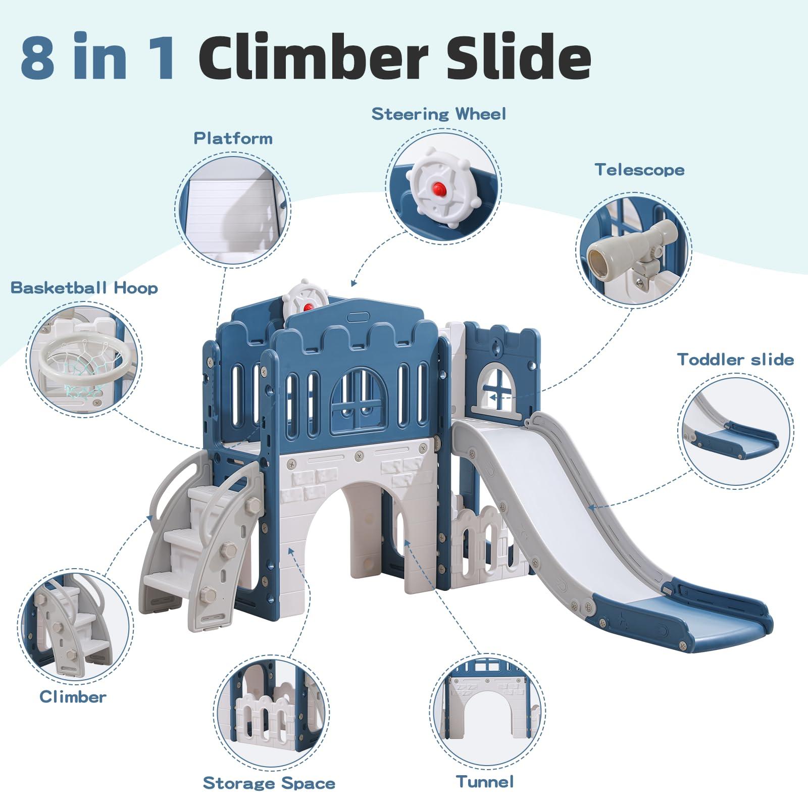 Dovsa Toddler Slides Indoor and Outdoor Playground Sets for Little Kids Age 1-3 Toddler Backyard Playset Toys Climb and Slide (Blue 8 in 1)