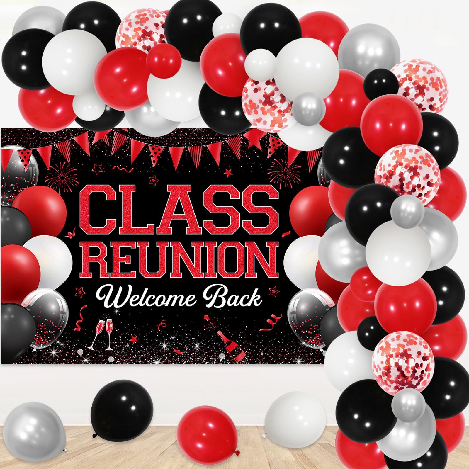 JOYMEMO Class Reunion Party Decorations - Red and Black Balloon Garland Arch Kit with Welcome Back Class Reunion Backdrop, High School Reunion Party Photography Background Supplies