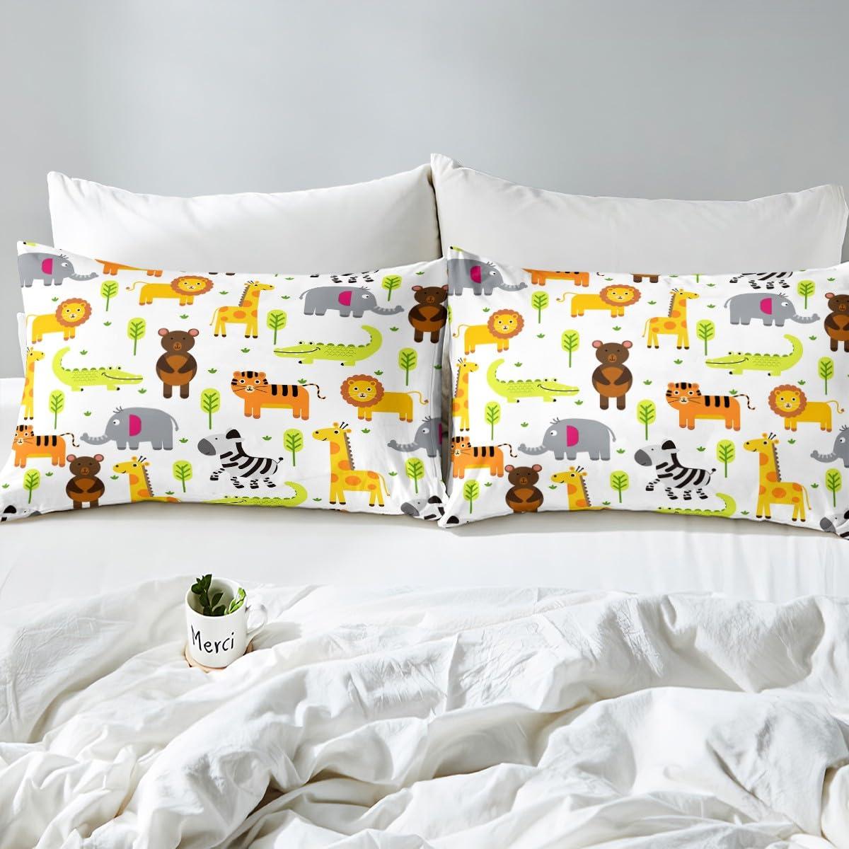 Erosebridal Zoo Animal Toddler Bedding Set Safari Nursery Decor Bed Sheets Full, Cartoon Animals Fitted Sheet Woodland Animal Print Sheets Kawaii Giraffe Elephant Lion Fitted Bed Sheets 3 Pieces