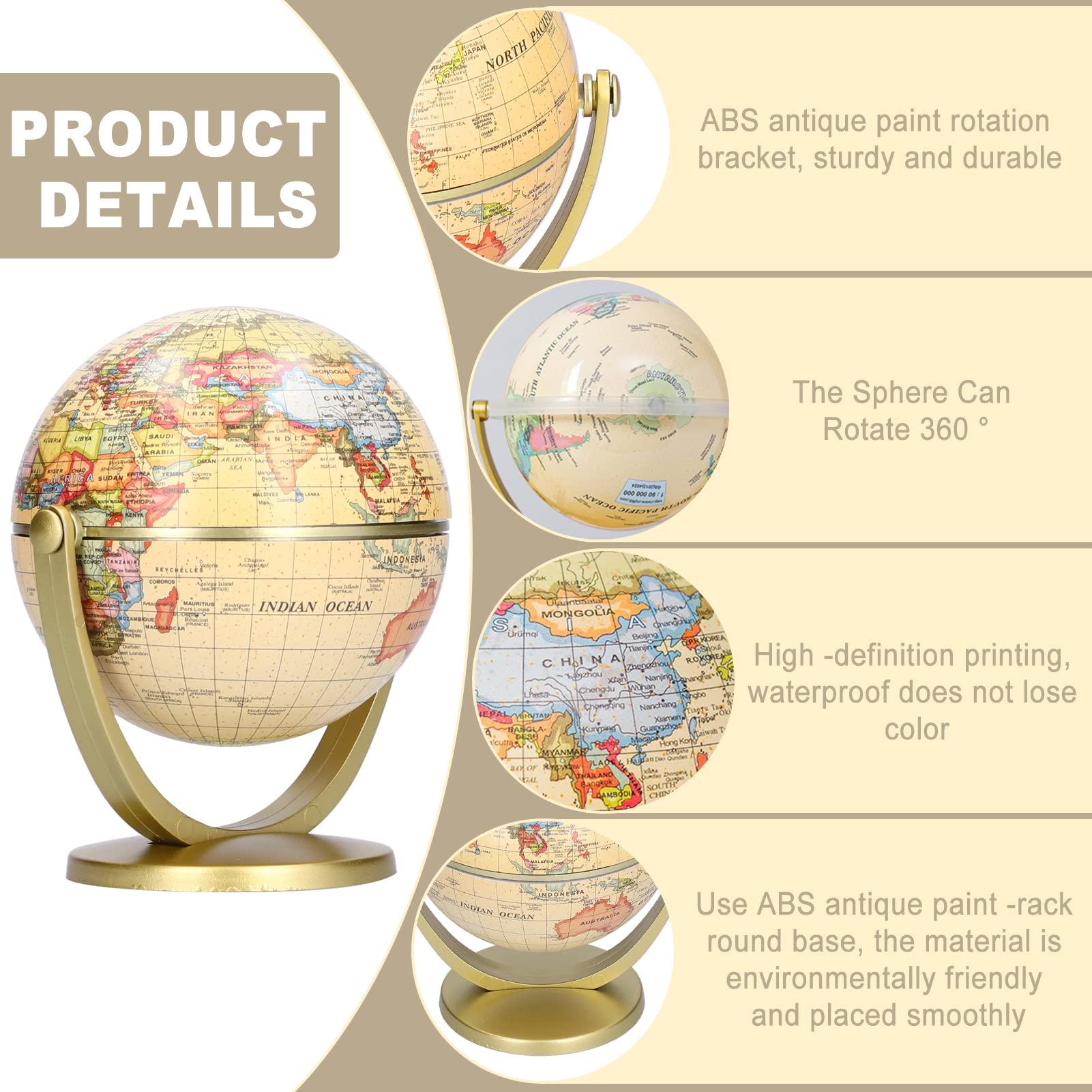 Pilipane Mini Vintage World Globe of the World with Wooden Stand, 10cm Vintage World Globe Built, Antique Decorative Desktop Globe for Adults & Kids, Home Dcor, Office