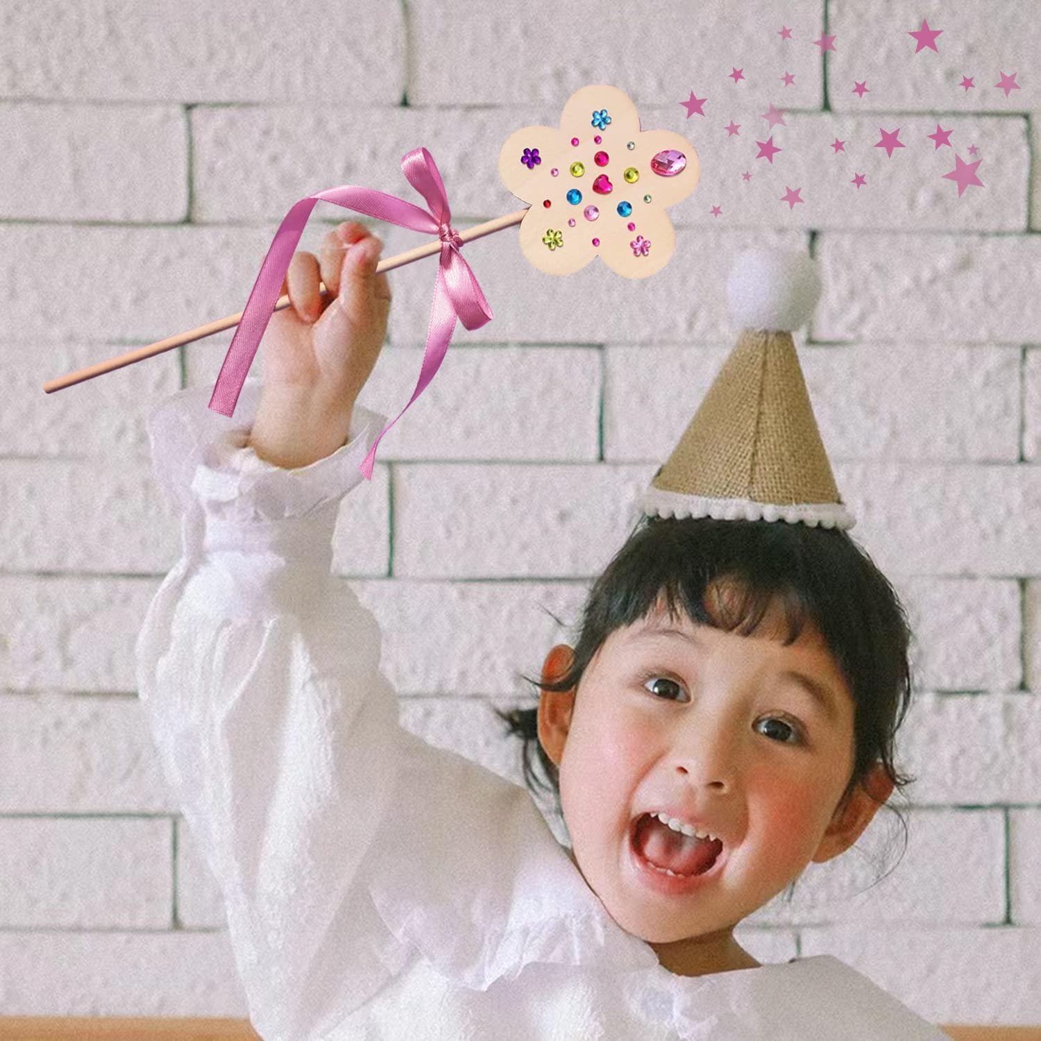 WUBOMJIO WUBOMJIO Princess Fairy Wands Craft Kit, Kid Birthday Party Supplies Make Your Own Magic Wands Include Unfinished Wooden Fairy Wands, Gem Stickers, Ribbons, Ideal Gift for Kids 6+(14 PCS)
