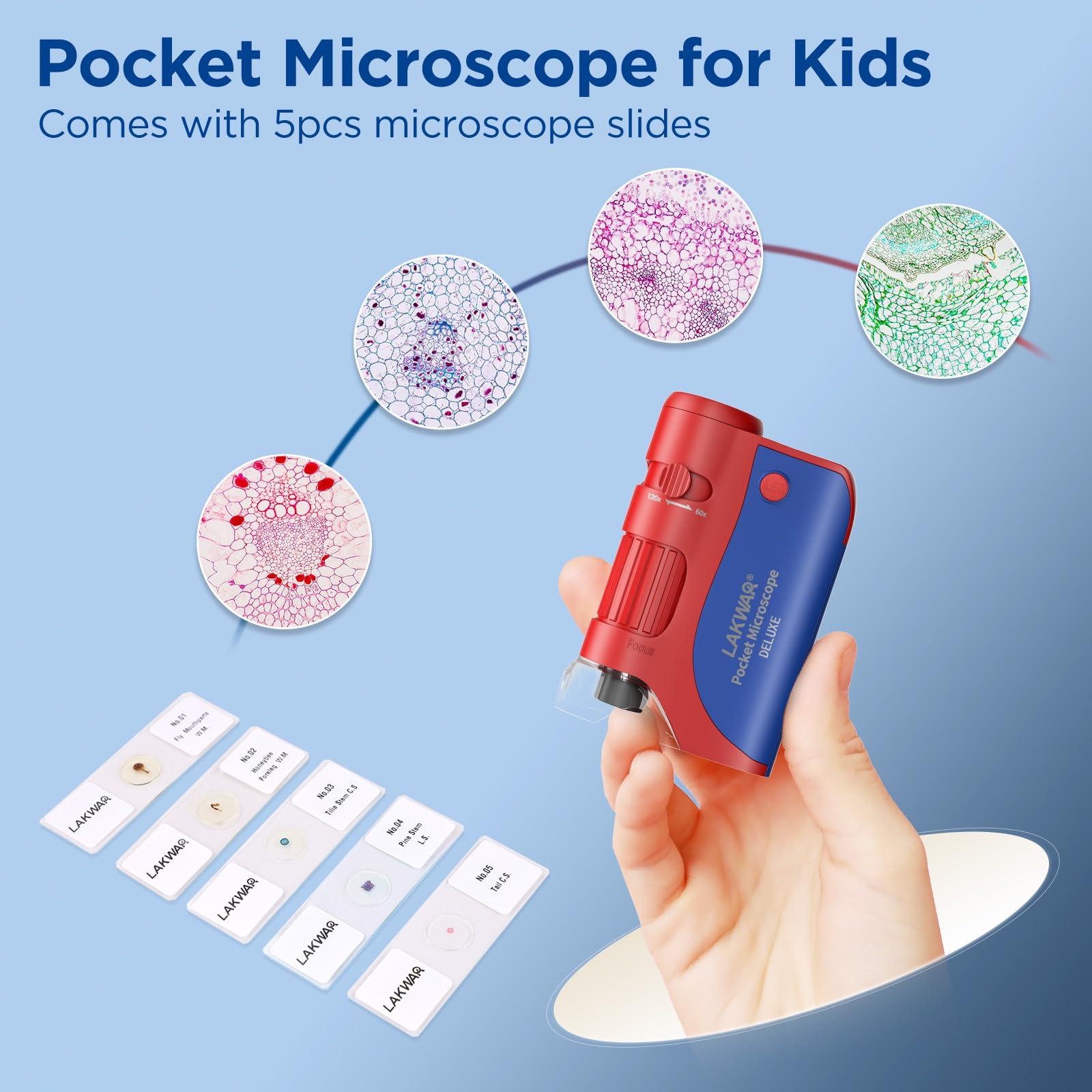 LAKWAR 60x-120x Mini Pocket Microscope for Kids Adults, Portable Handheld Microscope with Microscope Slides, Miniscope Portable Microscope for Kids Little Scientist Students School Minilabsters Education