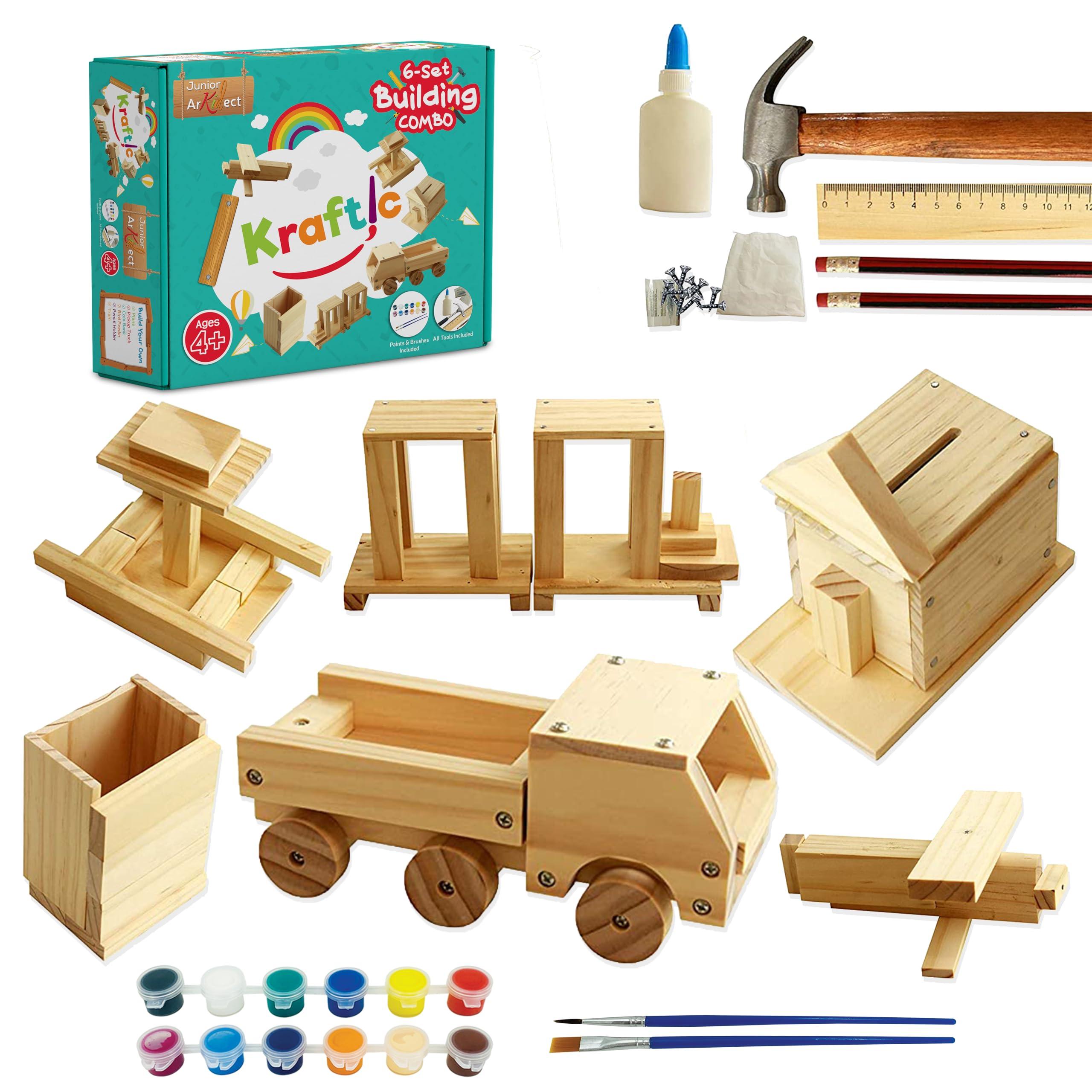Kraftic Kraftic Woodworking Building Kit for Kids and Adults, with 6 Educational Arts and Crafts DIY Carpentry Construction Wood Model Kit Toy Projects for Boys and Girls