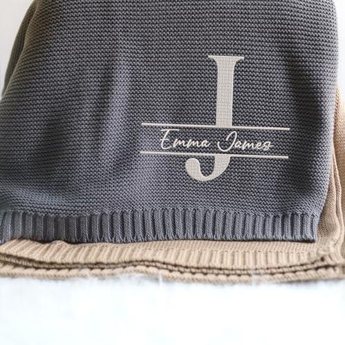 locobird locobird Initials Name Embroidered Baby Blanket, Personalized Baby Blanket for Boys Girls, Custom Baby Name Blankets, Embroidery Blanket, Cotton Knit Blanket for Son Daughter