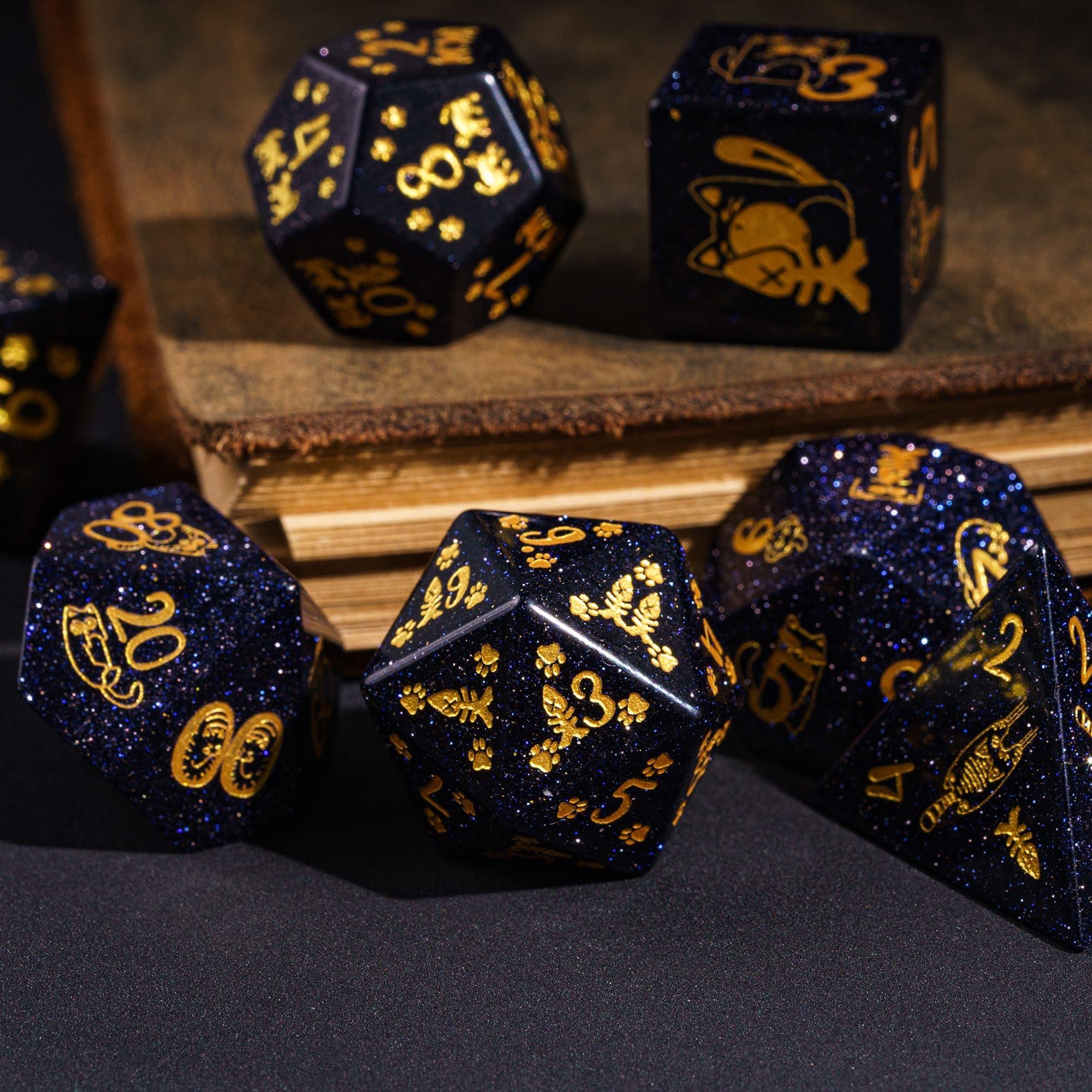 UDIXI UDIXI Gemstone DND Dice Set Blue Sandstone Dice with Cute Cat Pattern, Stone Dice for Dungeons and Dragons Tabletop Game