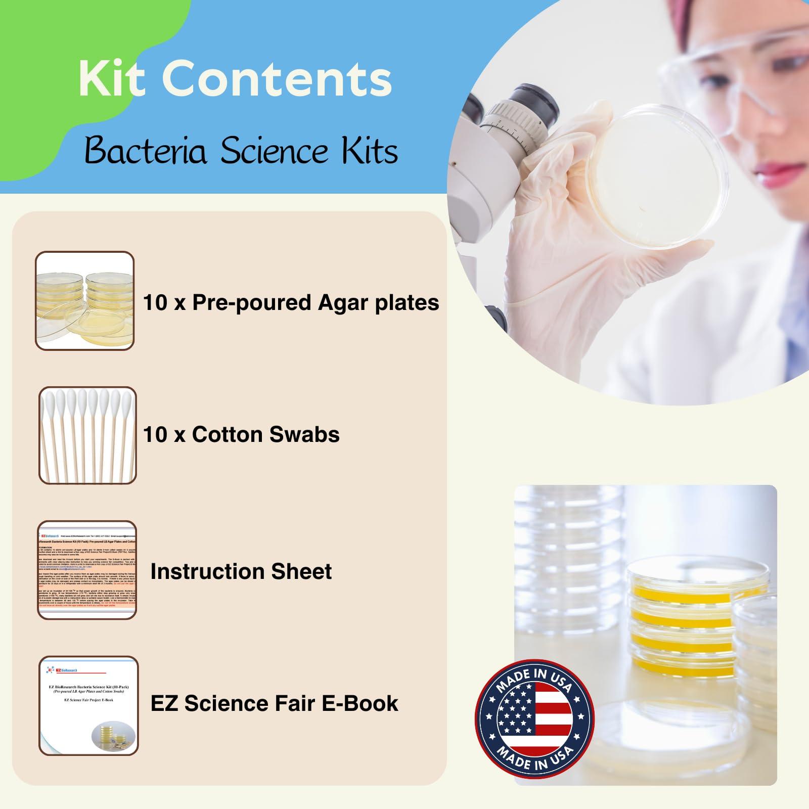 EZ BioResearch EZ BioResearch Bacteria Science Kit (IV): Top Science Fair Project Kit. Prepoured LB-Agar Plates And Cotton Swabs. Exclusive Free Science Fair Project E-Book Packed With Award Winning Experiments.