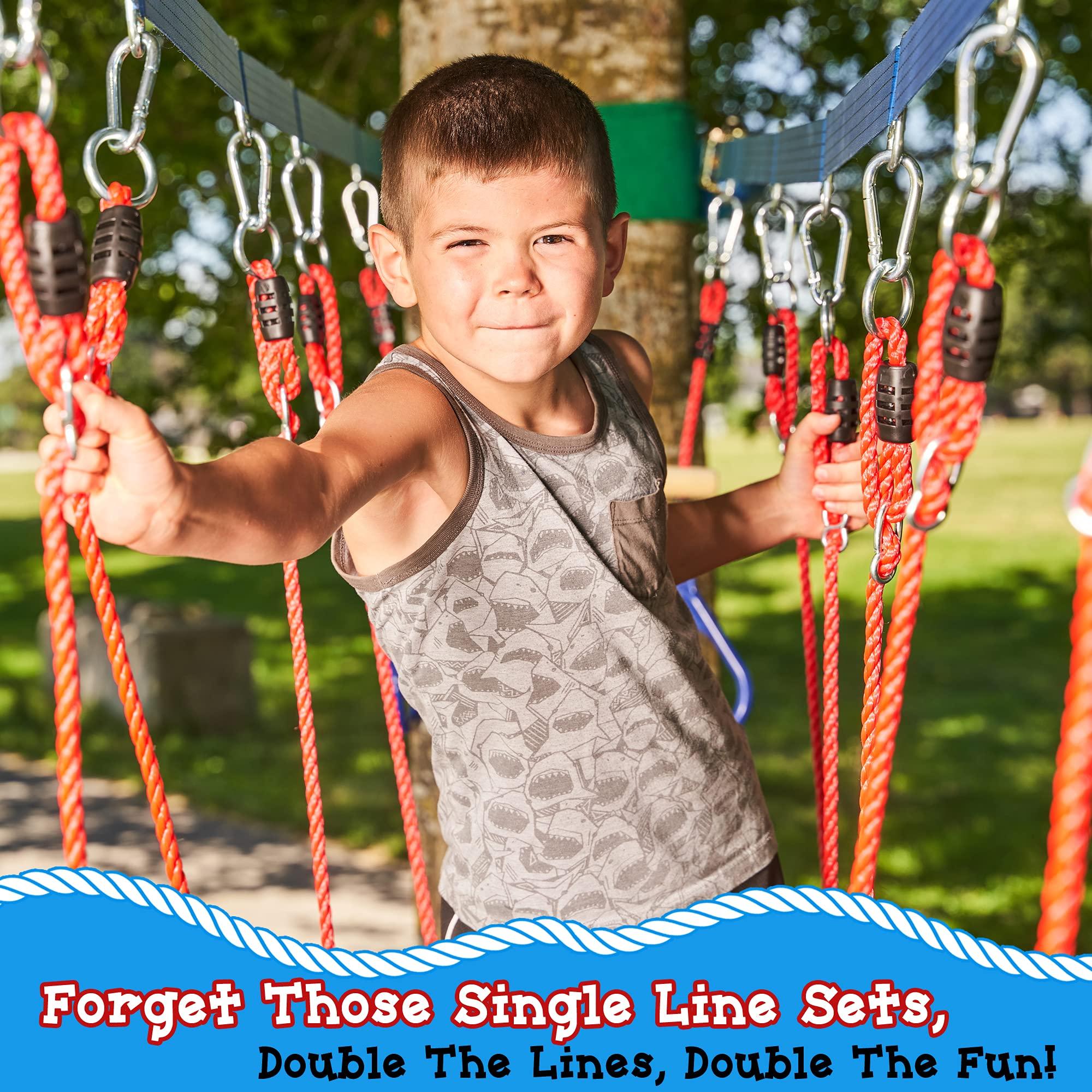 Lily\'s Things Double Ninja Slackline Obstacle Course | 110 Ft | Ninja Warrior Obstacle Course Accessories | Monkey Bars | Climbing Rope | Ninja Rings | Trapeze Swing Bar | Rickety Bridge Edition -Patent Double Line