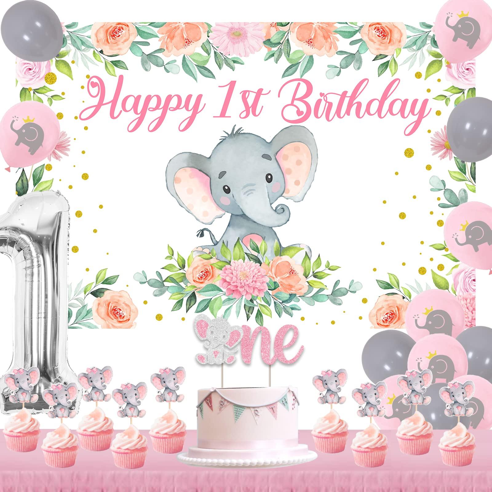 Funmemoir Elephant 1st Birthday Party Decorations Girl - Happy 1st Birthday Backdrop, Elephant One Cake Topper, Cupcake Toppers, Balloons, Pink Elephant Theme First Birthday Party Supplies