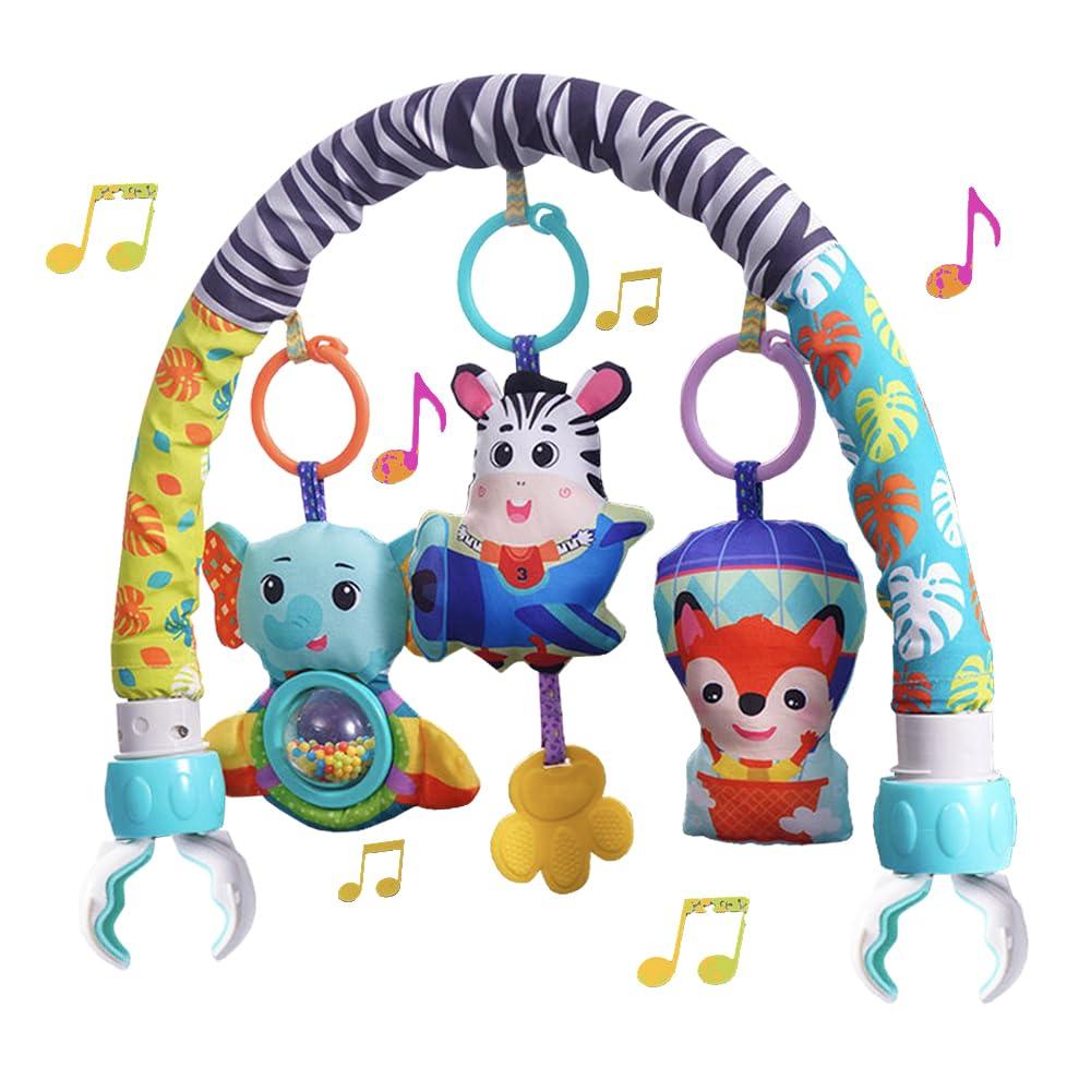 BATOHO Baby Stroller Arch Toy, Clip On Arch Mobile for Bassinet with Universal Clamps, Activity Toy Bar for Baby Bouncer Musical Crib Mobile Toys for Infants Baby Car Seat Toys Rattle Elephant Squeaker Zebra
