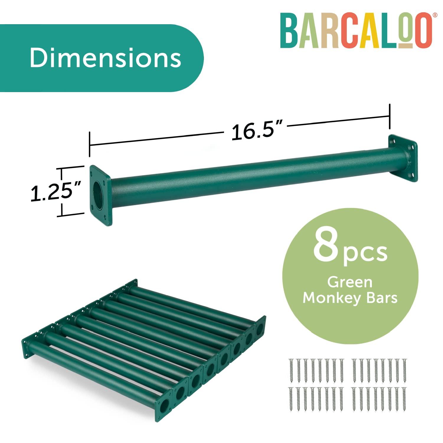 Barcaloo Bacaloo 16.5 Inches Monkey Bars for Kids Outdoor - 8 Green Powder Coated Bars, Set of Two 37 Inch Safety Handle Bars, and Set of Two 9.5 Inch Safety Handle Bars