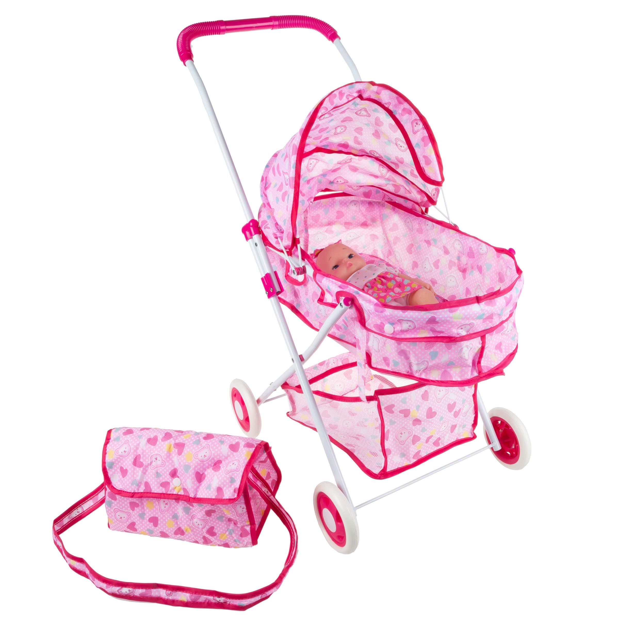 Hey Play Deluxe Toy Pram for 18 Baby Dolls Foldable Pink Carriage with Diaper Bag Storage Basket and Canopy for Little Girls Boys and Kids
