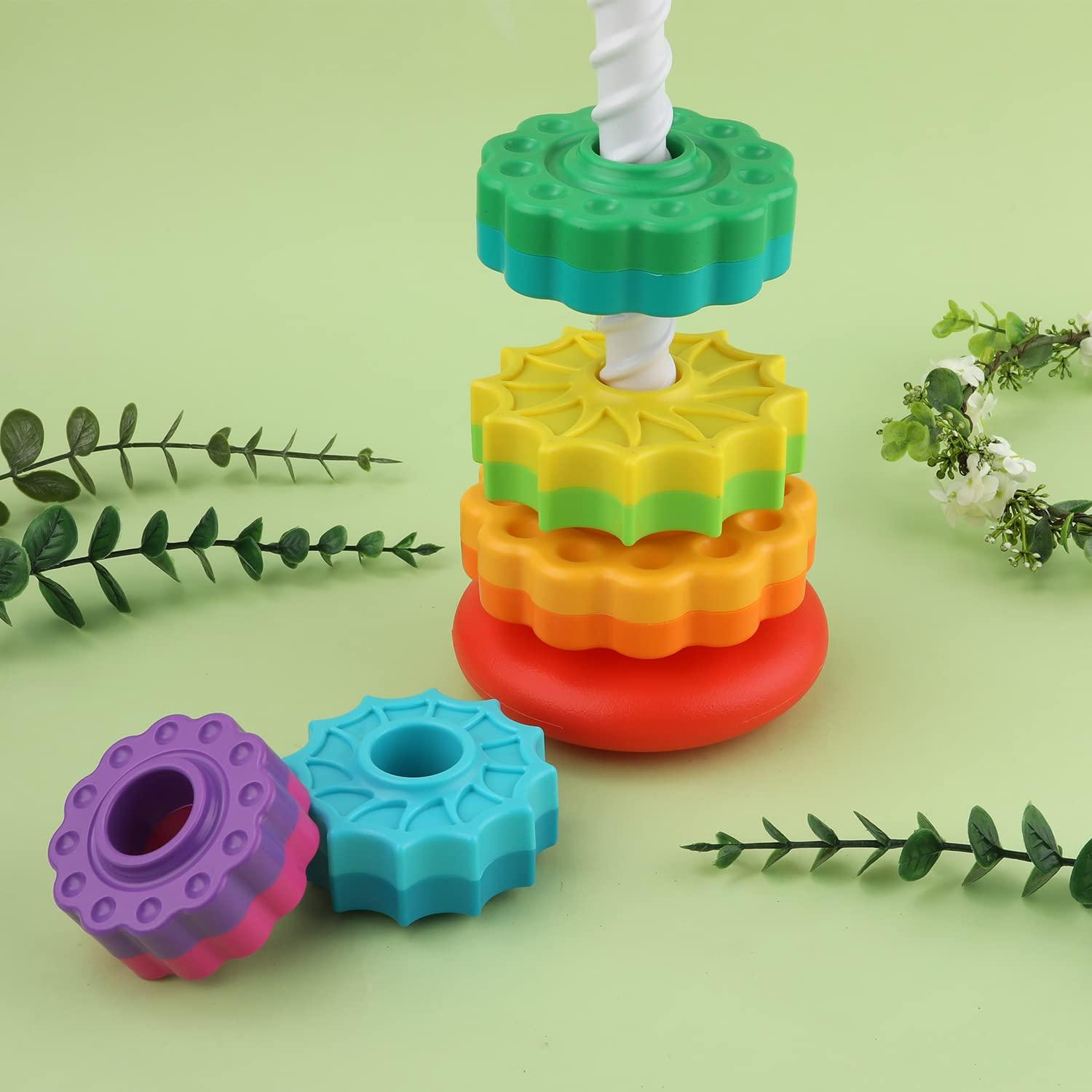 TOYMIS Spinning Stacking Toys, Rainbow Tower Stacker Interesting Rainbow Spinning Wheel Toy BPA Free Early Education Kids Brain Development Toys Family Games for 12 Months +, Develop Cognition Ability