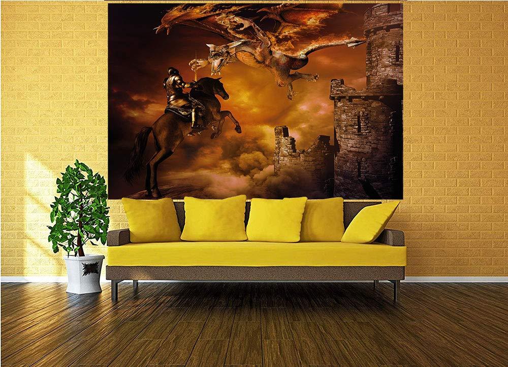 BBING COLOR 55x30 inches Wall Mural,Kids Nursery Decor with a Knight on Horse Castle Mystic Fairytale Art Peel and Stick Self-Adhesive Wallpaper Removable Large Wall Sticker Wall Decor for Home Office