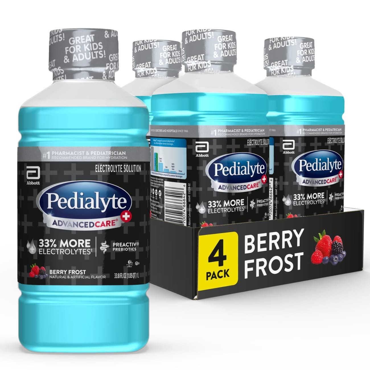 Pedialyte Pedialyte Advancedcare Plus Electrolyte Drink, 1 Liter, 4 Count, with 33% More electrolytes & Has Preactiv Prebiotics, Berry Frost, 33.8 Fl Oz (Pack of 4)