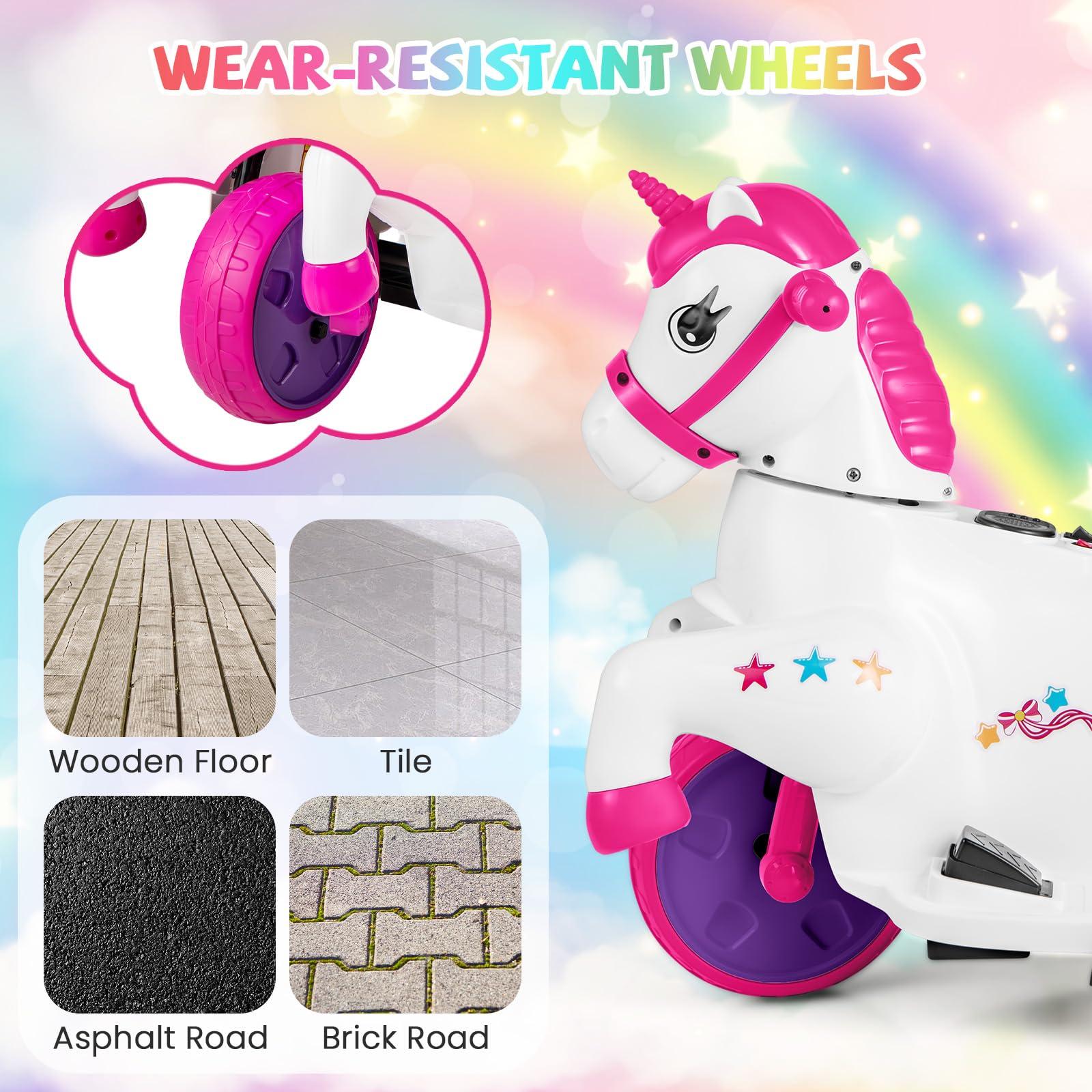 HONEY JOY HONEY JOY 12V Unicorn Ride on Toys, 3-Wheeler Battery Powered Motorized Ride on Horse w/Training Wheels, Music, Up & Down, Pony Electric Car for Kids, Gift for Boys Girls (Pink)