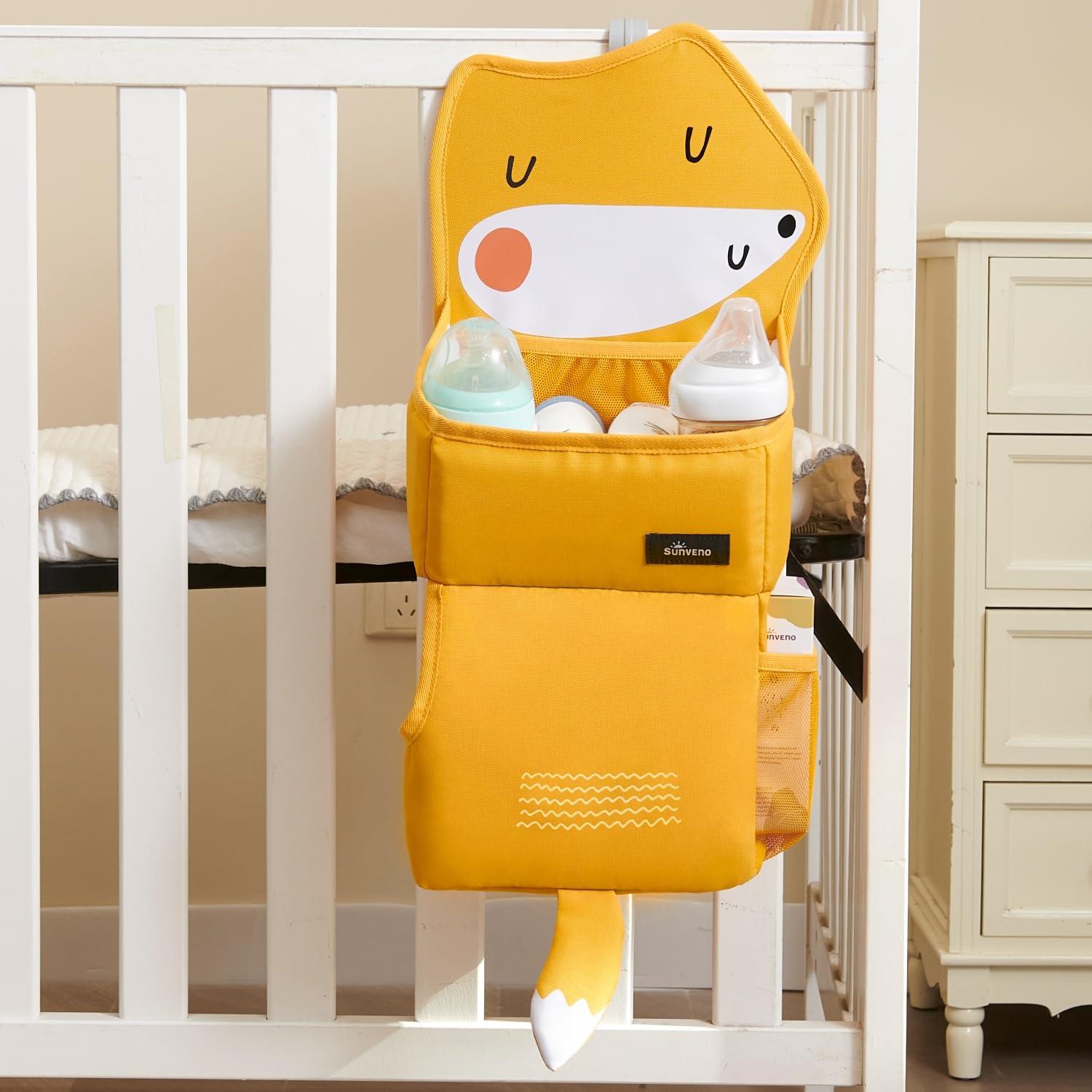 SUNVENO SUNEVNO Hanging Baby Diaper Caddy Organizer Diaper Stacker, Baby Crib Hanging Classified Storage Bag Organizer for Changing Table Crib Playard or Wall & Nursery Organization (Yellow Fox)