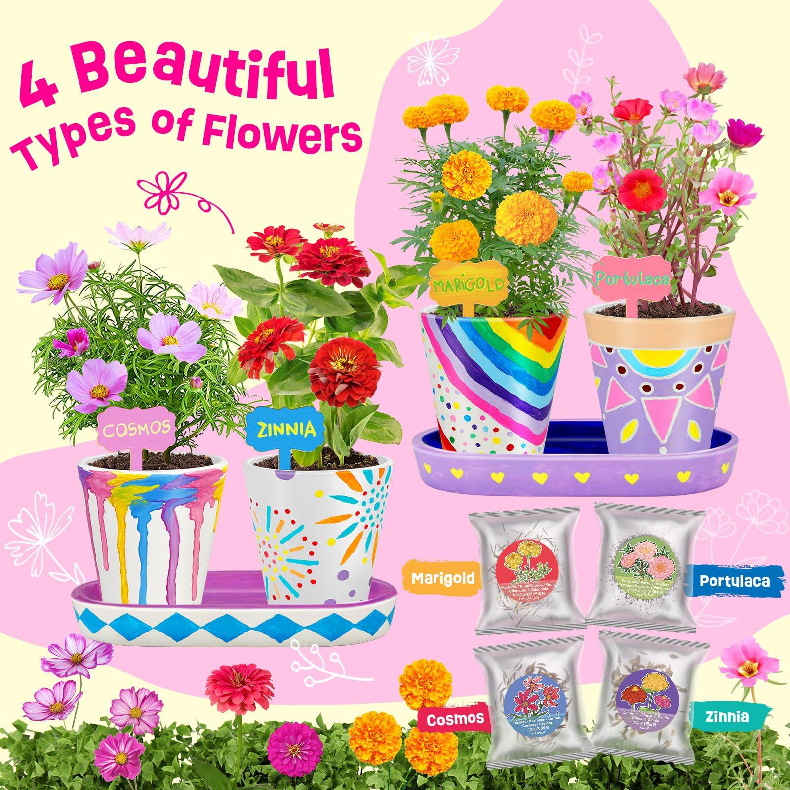 Tekoly 4 Set Paint & Plant Flower Gardening Kit - Gifts for Girls Ages 8-12, Arts and Crafts for Kids Ages 8-12, Kids Gardening Set, Birthday Toys Christmas Gifts for Girls Boys Ages 4 5 6 7 8 9 10 11 12