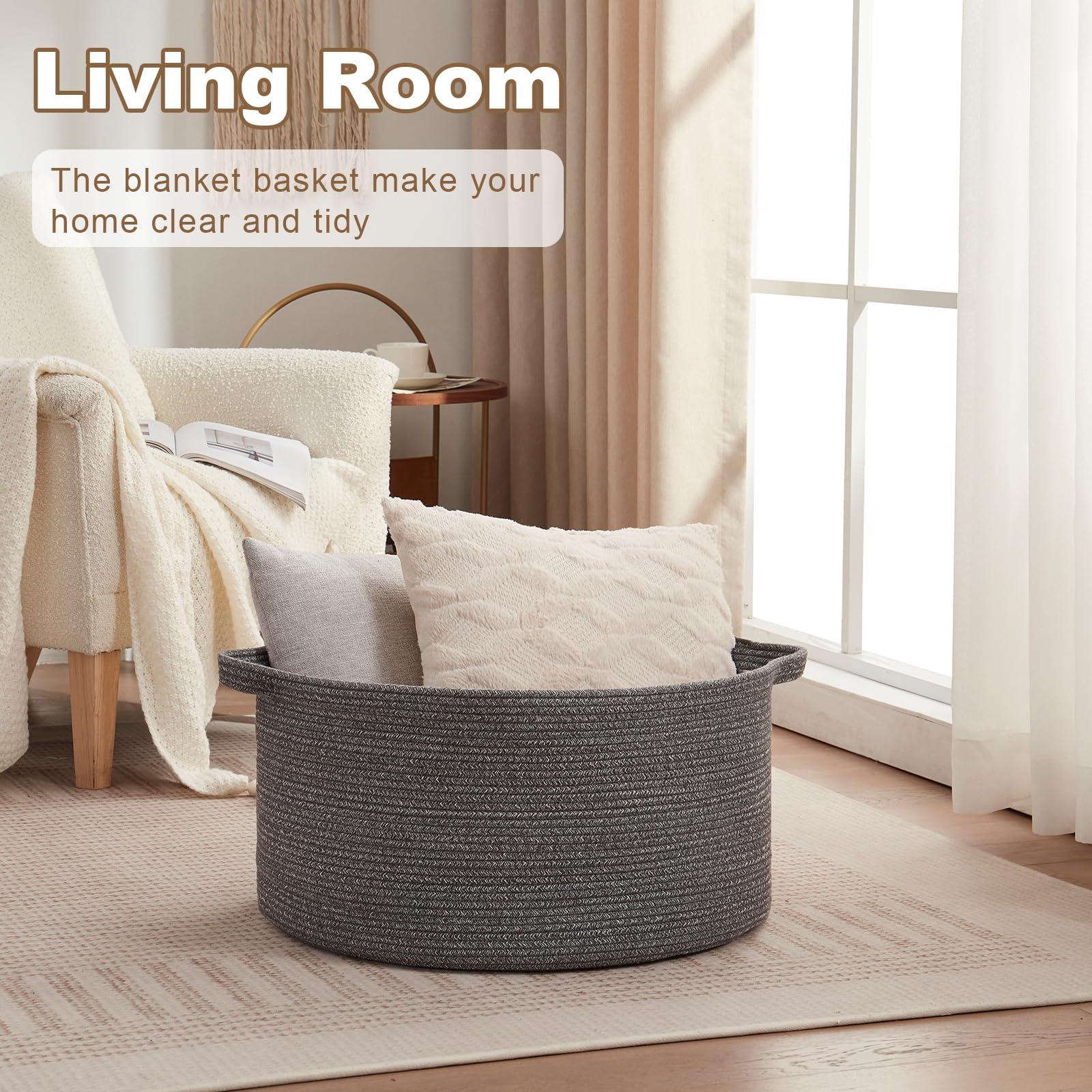 OIASKET OIASKET Large Woven Baskets for Storage, 22.8" x 22.8" x 13" Blanket Basket Living Room, Baby Toy Storage Basket, Big Laundry Basket for Clothes, Pillows, Towels, Shoe Basket for Entryway (Dark Grey)