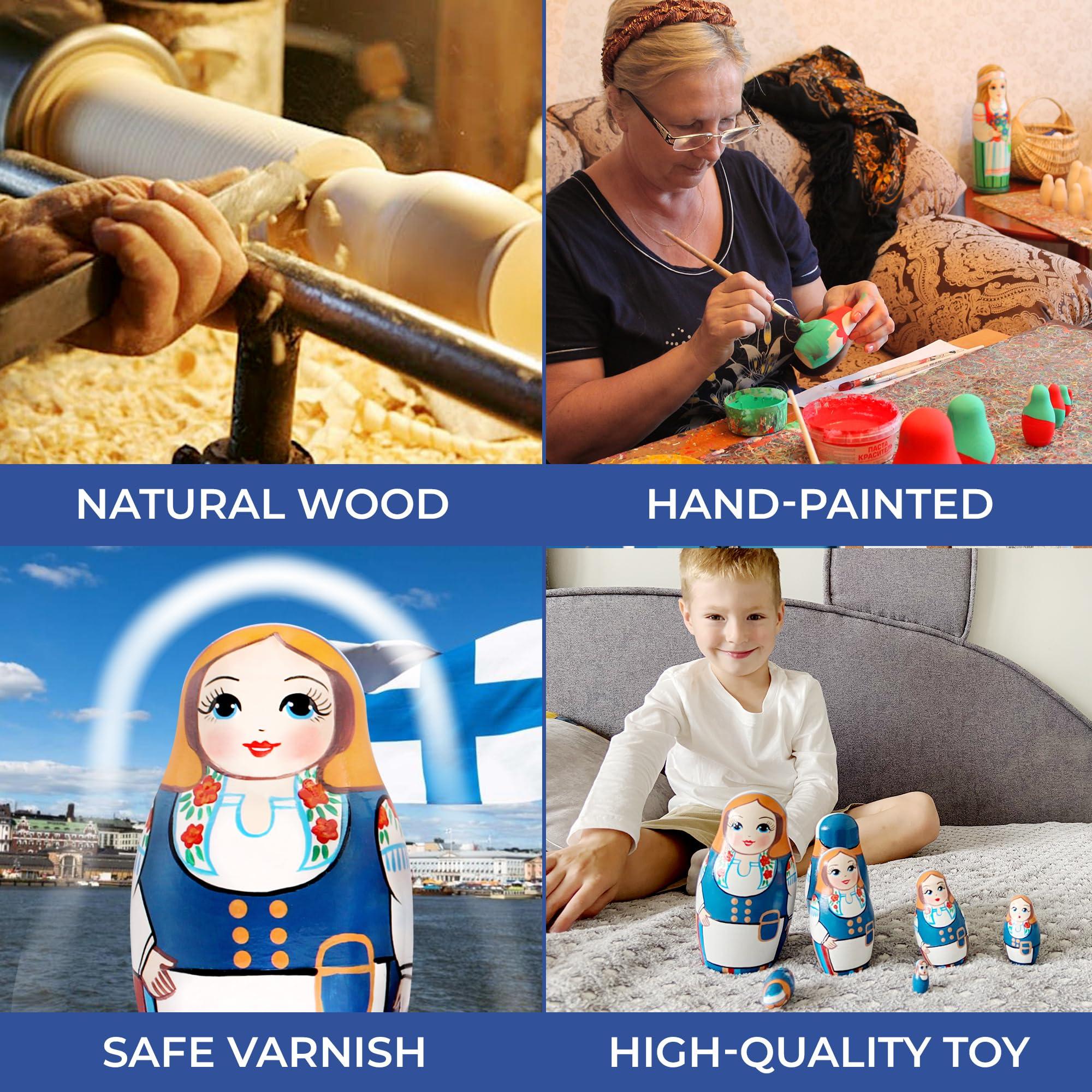 AEVVV AEVVV Russian Matryoshka Dolls Set of 7 pcs - Nesting Dolls in Finnish Folk Costume Munsala - Hand Painted Baboushka Nesting Dolls in Scandinavian Dress