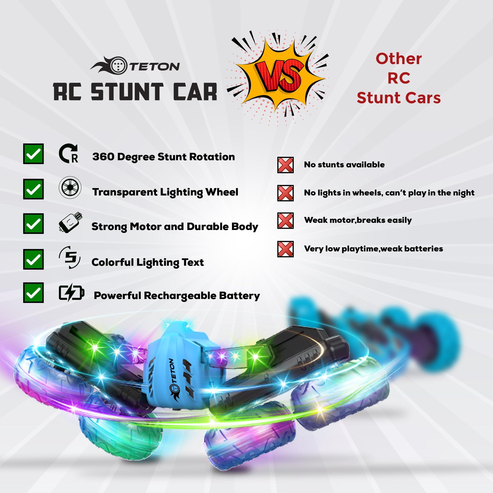 TETON ELECTRONICS RC Stunt Car Double Sided roll,360Rotating Teton Remote Control Car-LED Headlights and Colourful Light Wheels,All Terrain,Rechargeable Toy Cars for 6-12 Year Boys Girls Christmas Birthday Gift