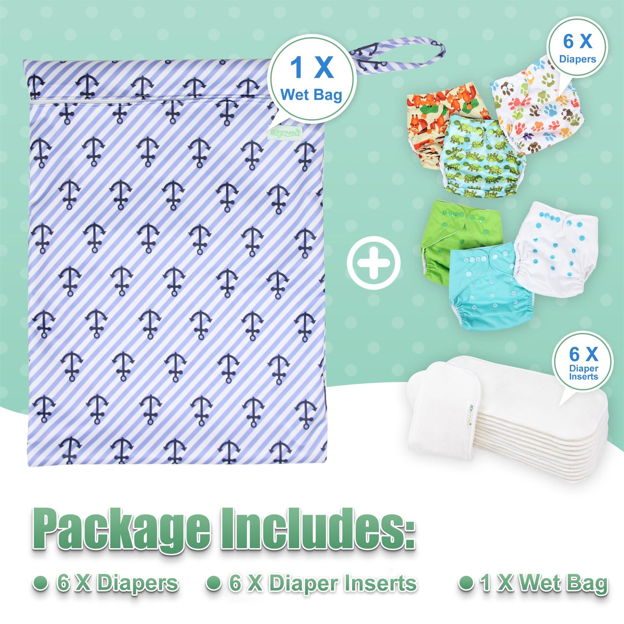 wegreeco wegreeco Cloth Diapers 6 Pack with 6 Inserts & 1 Wet Bag, Washable Cloth Diapers for Babies, One Size Adjustable Reusable Diapers Baby (Neutral Prints)