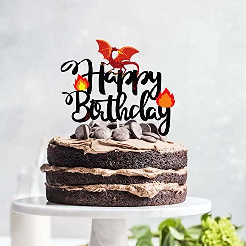 LECAKTO Black Glitter Dragon Happy Birthday Cake Topper,Dragon Knight Theme Birthday Party Cake Decor For Kids Boy Or Girl,Happy Birthday Party Decorations Supplies