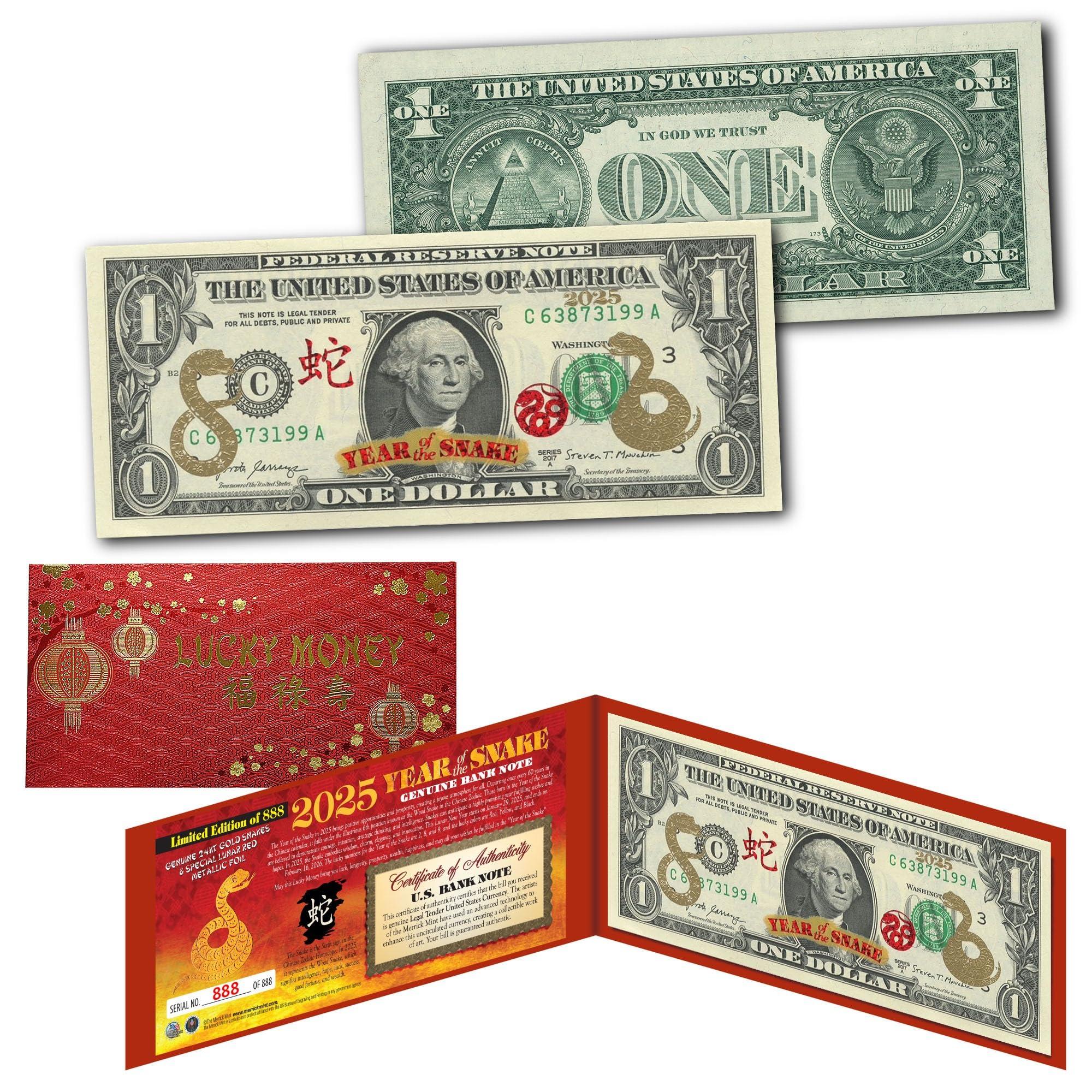Merrick Mint Gold Leaf 2025 Chinese Lunar New Year Year of The Snake Genuine One-Dollar Federal Reserve Note Collectible Limited Edition of 888