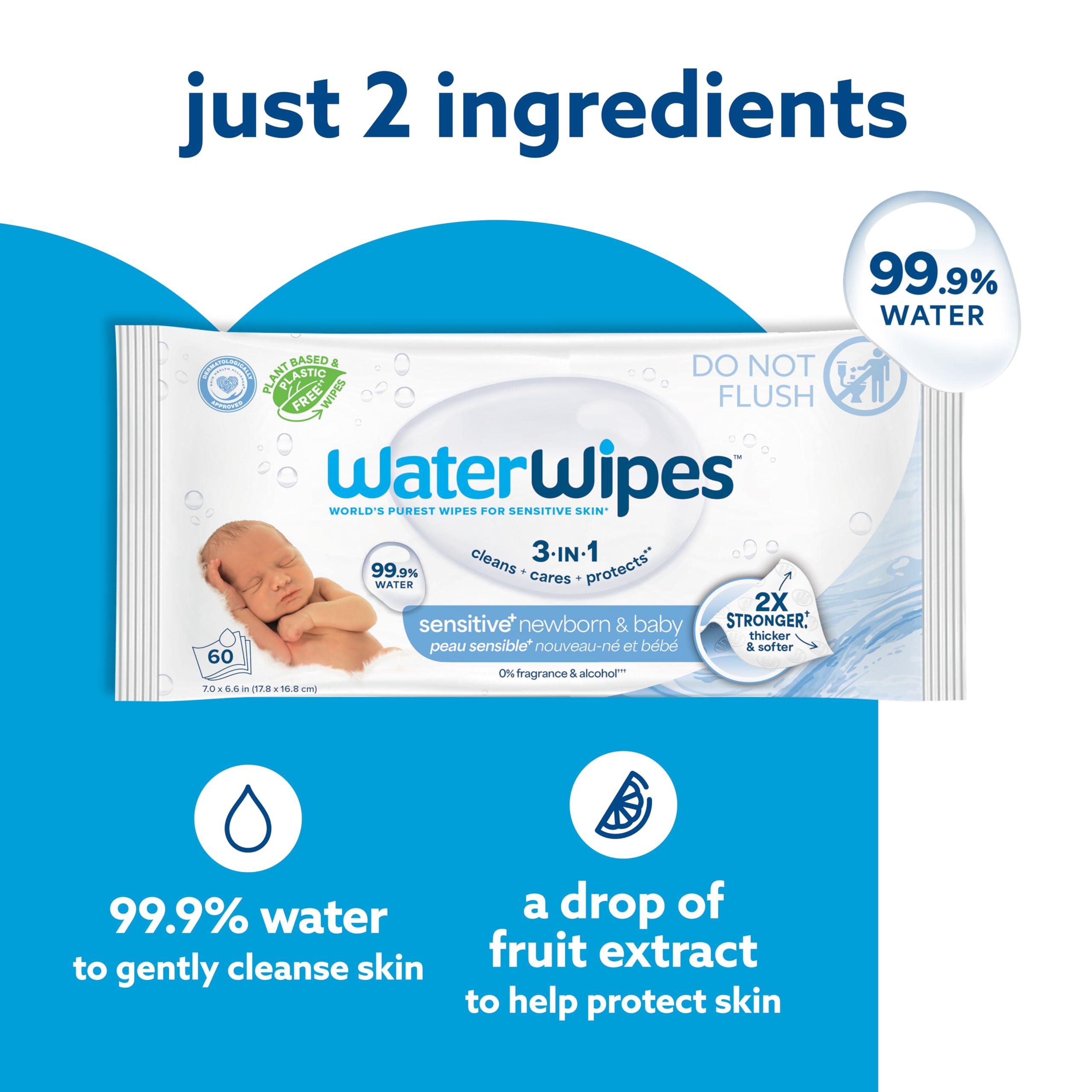WaterWipes WaterWipes Plastic-Free Original Baby Wipes, 99.9% Water Based Wipes, Unscented & Hypoallergenic for Sensitive Skin, 60 Count (Pack of 12), Packaging May Vary