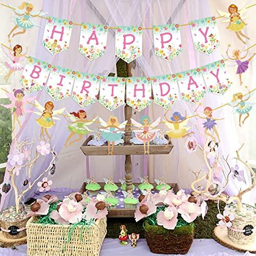 iPartyFun Fairy Birthday Party Decoration Flower Fairies Girls Birthday Banner Fairy Hanging Decoration Colorful Happy Birthday banner Fairy Party Favors Fairy Garden Decoration for Fairy Theme Birthday Party