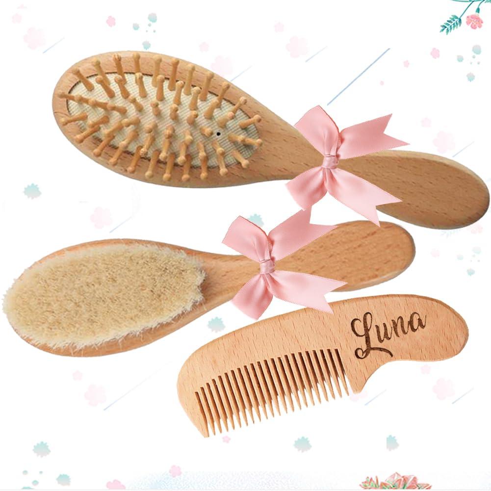 auysolty 3Pcs Custom Wooden Baby Hair Brush Set Personalized Newborn Baby Gift -Custom Name Baby Bathing Comb Bristles (Wood)
