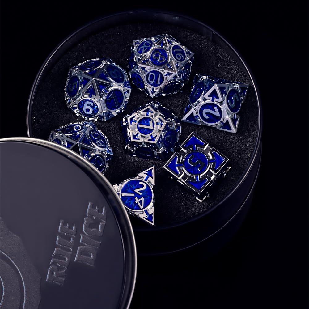RULE DICE RULE DICE Metal DND Dice Set D&D Dungeons and Dragons Dice, Unique Polyhedral MTG RPG Role Playing D and D Dice Set, Weighted Solid Blue D & D Metal Dice with DND Dice Gift Box D20 D4 D12 D10 D% D8 D6