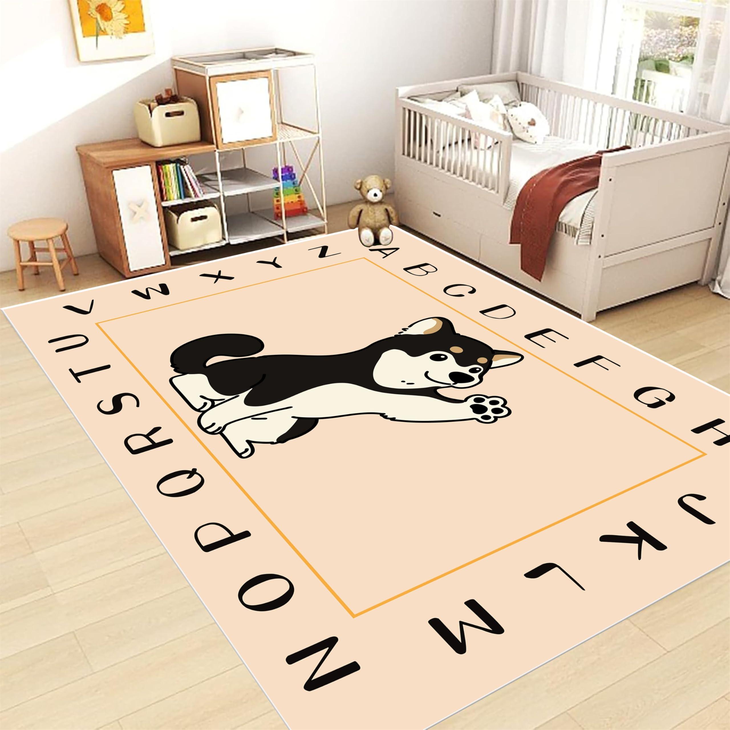 rugylsf Cartoon Husky ABC Kids Rug 4x6ft Toddler & Infant Toddler Floor Mats Alphabet Learning Rugs Soft Durable Non-Slip Play Mats Nursery Area Rugs Bedroom Rugs Kids Room Rugs