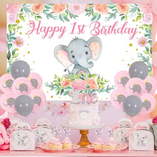 Funmemoir Elephant 1st Birthday Party Decorations Girl - Happy 1st Birthday Backdrop, Elephant One Cake Topper, Cupcake Toppers, Balloons, Pink Elephant Theme First Birthday Party Supplies