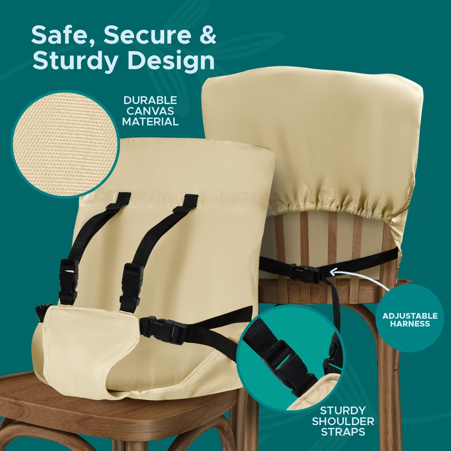 Baby Pick Portable High Chair by Baby Pick- Foldable High Chair for Travel with Adjustable Shoulder Straps- Compact Harness Seat for Babies & Toddlers- Easy to Use Washable Feeding Safety Seat- Beige