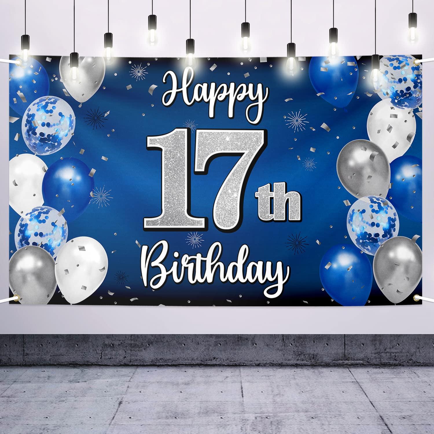 Nelbiirth Nelbiirth Happy 17th Birthday Decorations,17th Blue & Silver Balloon Large Birthday Banner Backdrop Sign,Cheers to Seventeen Years Old Bday Party Supplies.