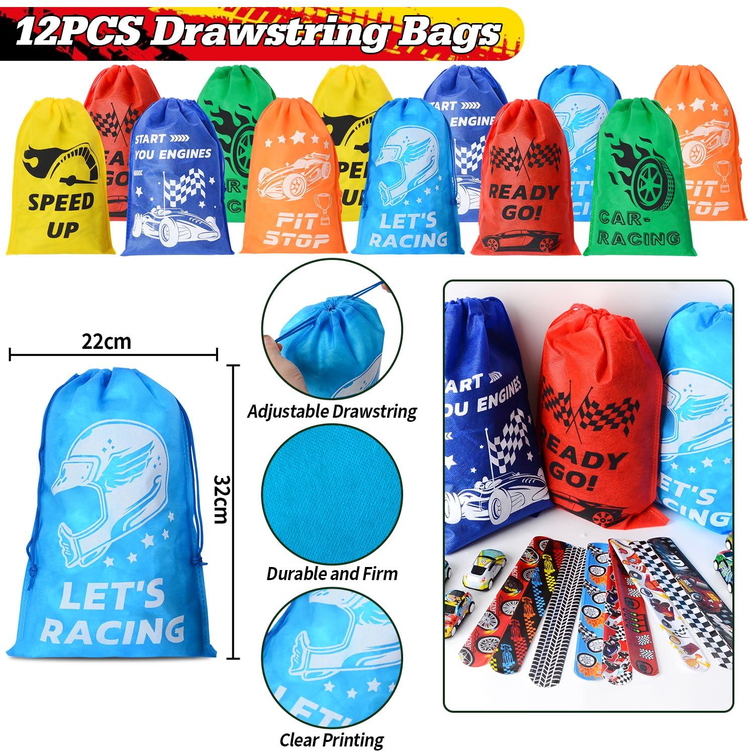 KISPATTI 122 PCS Race Car Party Favors, Racing Birthday Party Favors with Pull Back Cars Drawstring Bags Slap Bracelet Keychain Stamper Tattoo Stickers, Racecar Theme Party Supplies Goodie Bag for Boys Kids