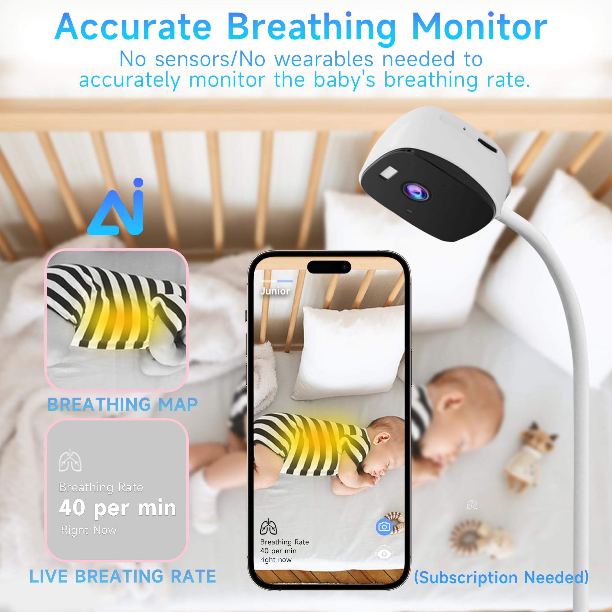 Rraycom Instababy Smart Baby Monitor with Floor Stand, 2K Crib Camera with AI Breathing Monitor, No Wearables WiFi Baby Camera, Night Vision, Baby Sleep Tracker, Cry & Motion Alerts, Diaper & Feeding Record
