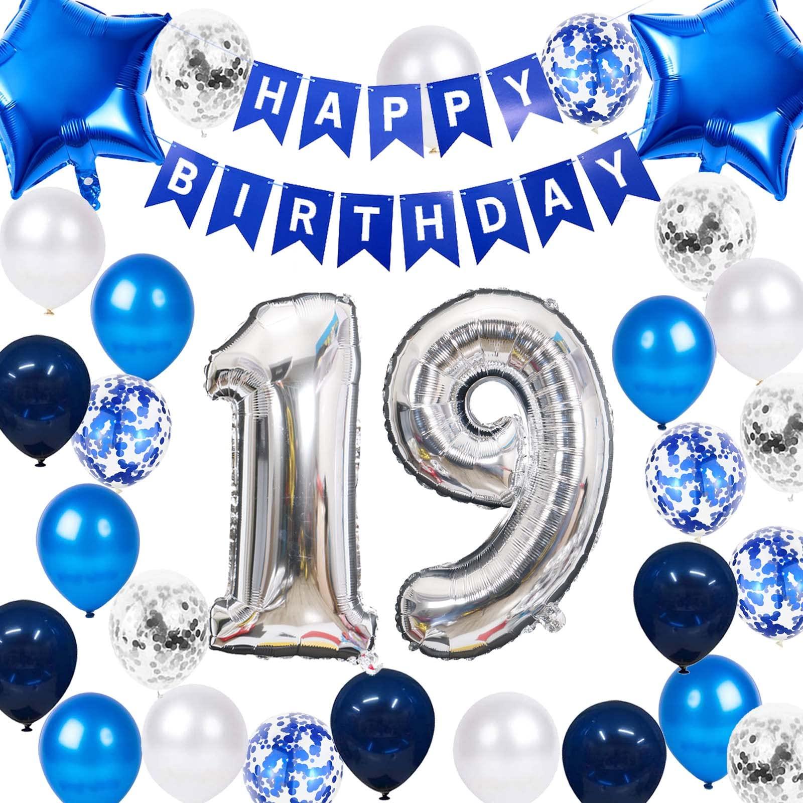 JumDaQQ 19th Birthday Party Decoration for Boys, Happy Birthday Banner Blue Number 19 Birthday Balloons 19th Birthday Latex Confetti Balloon for Boys Him Son 19 Years Old Birthday Decoration Supplies(19th)