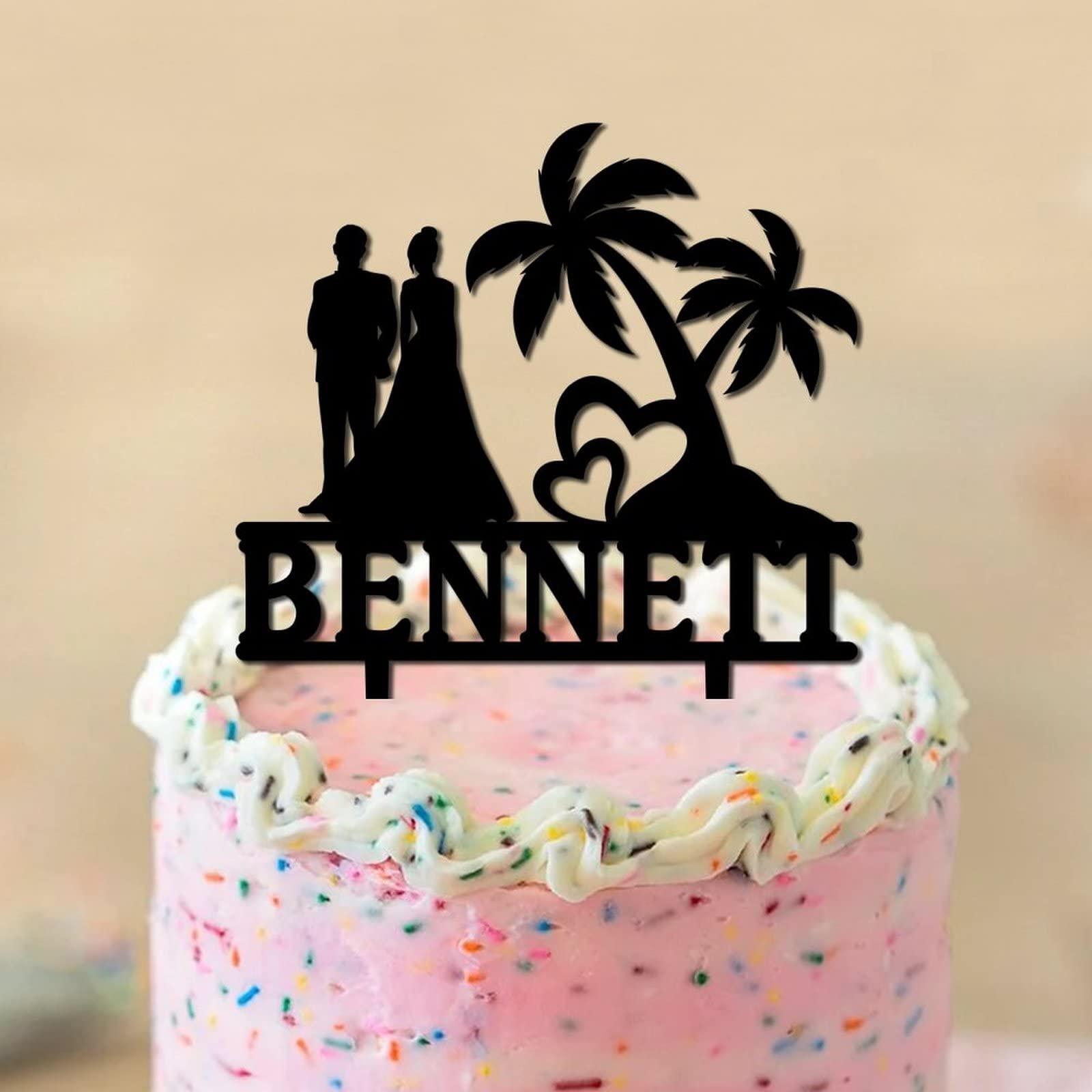 UanMere Beach Cake Toppers Personalized Bride And Groom Wedding Cake Toppers Bride And Groom Under Palm Tree in Beach Keepsake Decoration Black Acrylic Married Silhouette Cake Toppers with Last Name